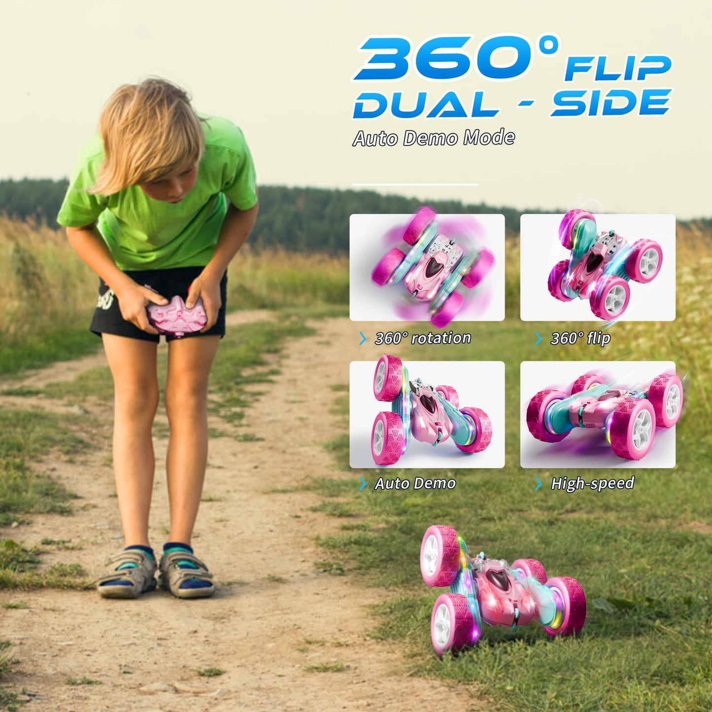 Zalneo RC Car Pink 4WD Remote Control Car 360° Flip Double‑Sided LED Light Bar & Quick‑Swap USB‑C Modular Battery, 2.4 GHz No‑Interference Popular Outdoor Beach Toy, Popular Gift for Girls Ages 6‑12