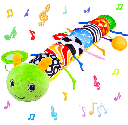 Vpkefla Baby Toys 0-6 6-12 Months, Stuffed Animal Infant Tummy Time Toys Sensory Toys with Crinkle, Rattles, Textures and Mirror Gifts for Newborn Boy Girls Toddlers, Caterpillar Musical Toy (Green)