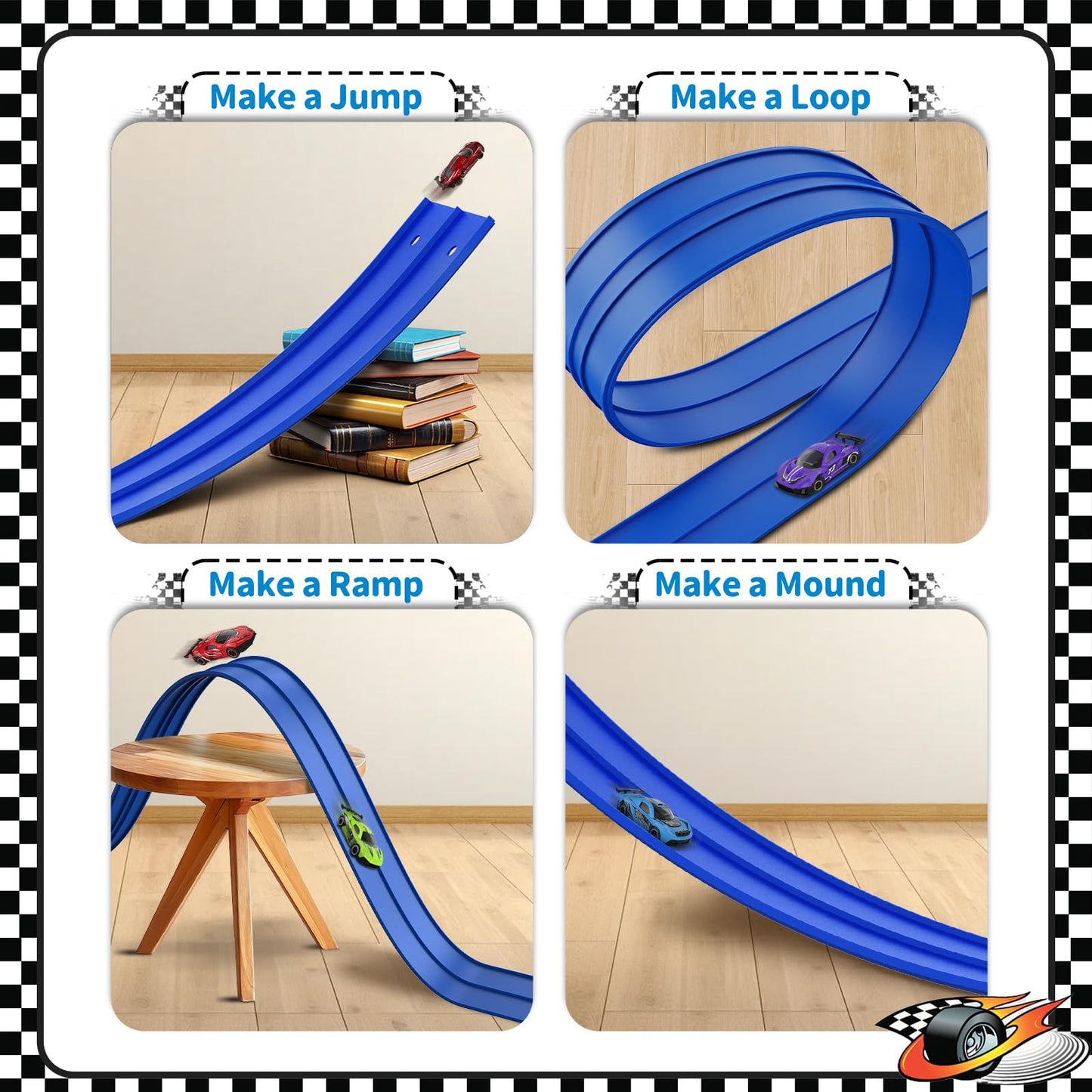 Flex Race Track 16 Ft with Suction Cups Compatible with Diecast 1/64th Cars, Flexible Car Track Toys for Ages 3+ Kids Toddlers Roll Out Portable Racetrack (Blue)