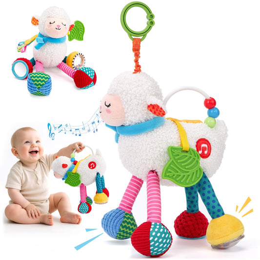hahaland Baby Toys 0-6 Months - Baby Sensory Toys 0-3-6 Months Car Seat Toy Hanging - Musical Animals with Pull String Rattle Teether Crinkle Mirror, Crib Stroller Toy Tummy Time Easter Gifts for Baby
