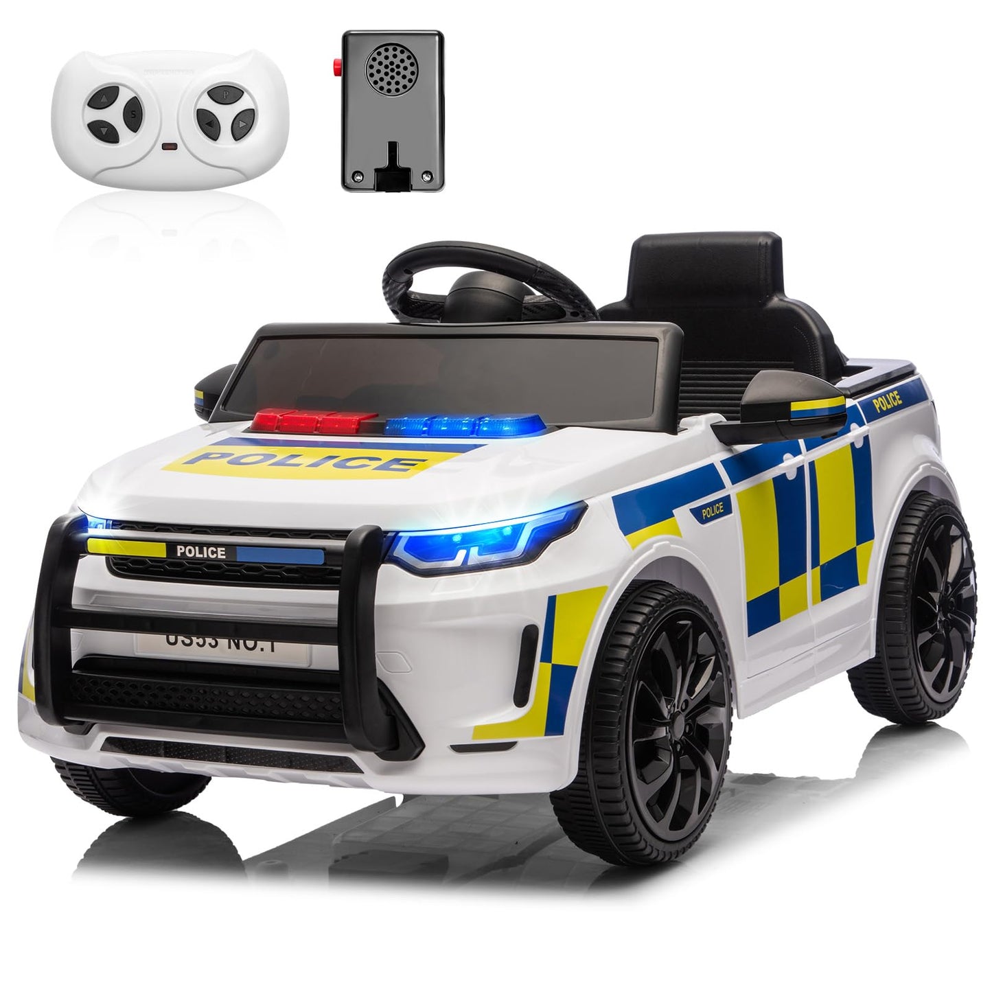 GarveeLife 12V Police Car Ride on Electric Car for Kids, Battery Powered Ride-on Toys with Remote Control, Speaker, Flashing Lights, Music, Headlights, Spring Suspension, Gift for Boy Girl 3-8, White