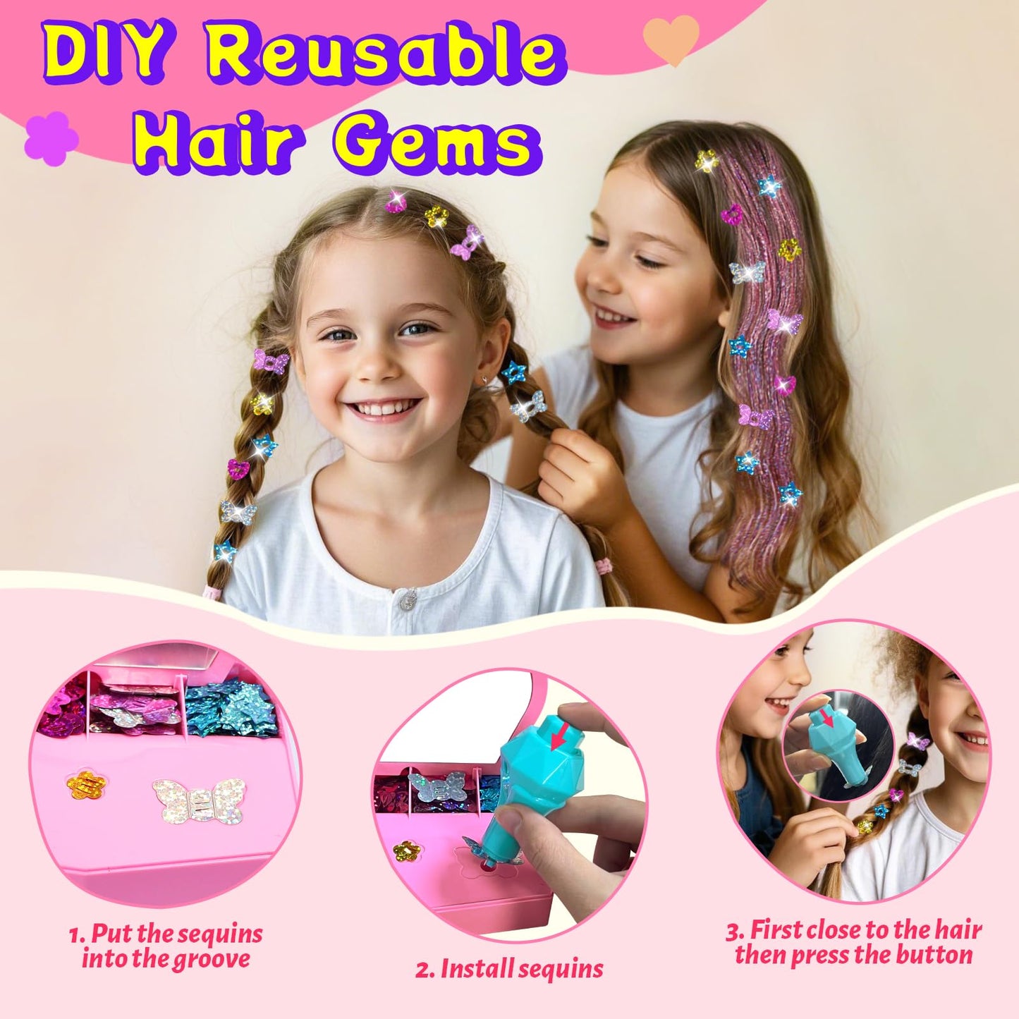 AOSITE Hair Gems for Girls, Hair Bedazzler Gem Stamper Kit with Hair Glitter Patch, Hair Jewel for Girls, Hair Gems Stamper, Hair Gem DIY Tool Gift Age 4-12 Reusable No Sticky Kid Hair Accessories