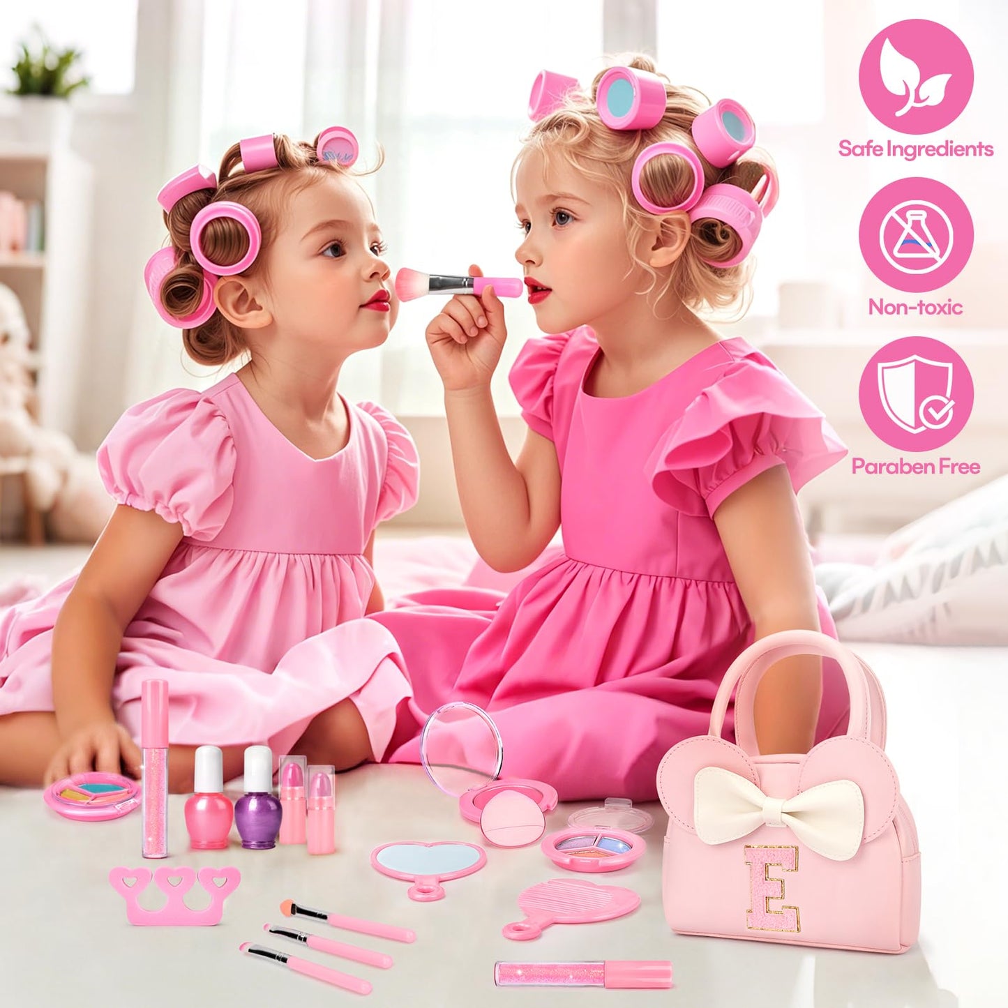 Kids Real Makeup Kit for Girls - 18Pcs Non-Toxic Washable Make Up Toys with Initial Toddler Purse - Personalized Birthday Gifts for Age 3 4 5 6 7 8 9 10 Years Old Girls Vanity Set - E