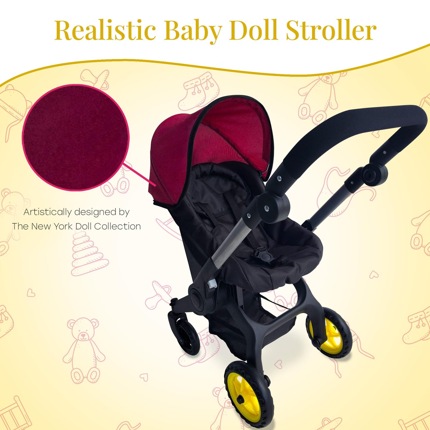 Baby Doll Car Seat Stroller Combo – Convertible 2 in 1 Doll Stroller and Car Seat for Kids – Fits Up to 20” Dolls – Play Toy Baby Stroller with Adjustable Handle for Girls Toddlers All Ages (Maroon)