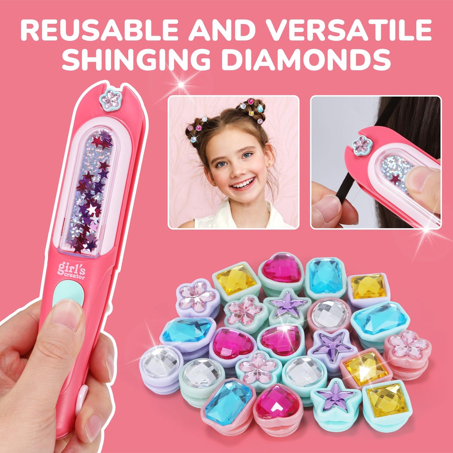 stochastic box Hair Jewels Stamper Kit,Hair Styling Tool with 24 Reusable Shining Diamonds,Hair Gem Stamper Creative DIY Hair Art Crafts for Girls