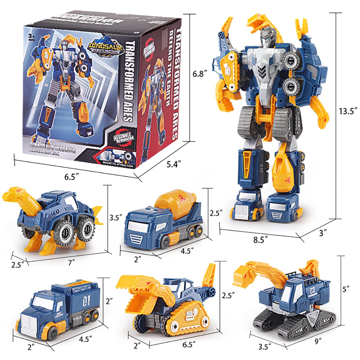 Construction Trucks Toy Dinosaur Vehicles Magnetic Set, 5-in-1 Educational STEM Building Car Kit, Transform to Big Robot, Holiday Present Birthday Gift for Toddler Kid 3 4 5 6 7 Year Old Boys Girls