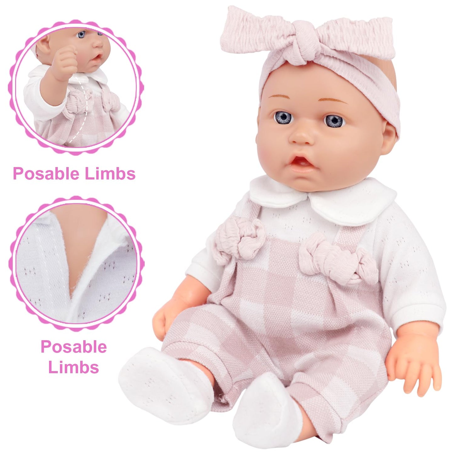 Ecore Fun 12" Baby Doll and Clothes Accessories Playset - 6 Pcs 12 Inch Doll with Pink Romper Outfit, Headband, Socks, Pacifier, Bottle | Gift Ready in Box