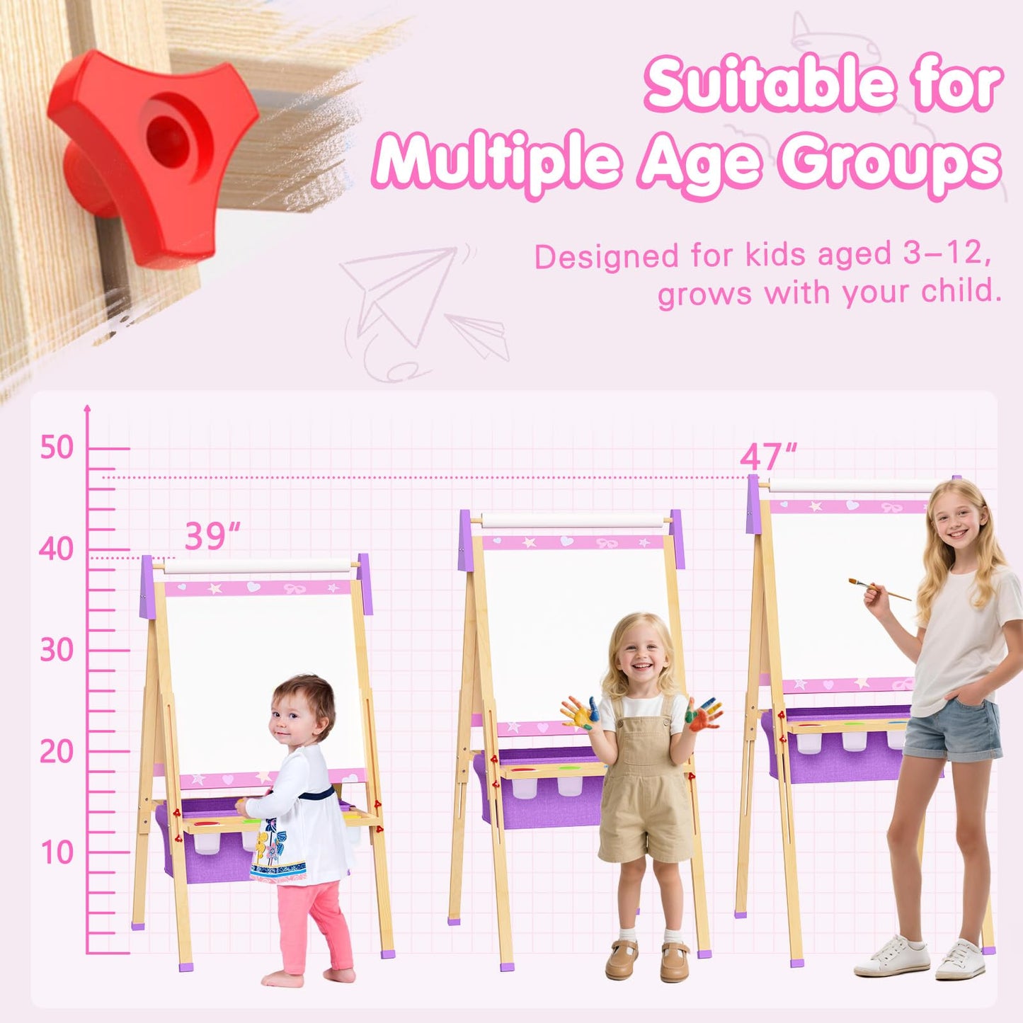 Art Easel for Kids, Adjustable Standing Wooden Toddler Easels, Kids Whiteboard & Blackboard with Paper Roll, Dry Erase Board, Drawing and Painting for Aged 2-4, 5-7, 8-12, Art Supplies Included