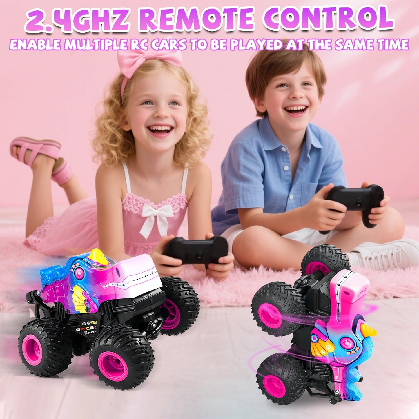 YongnKids Remote Control Car for Girls, 2.4Ghz Unicorn Monster Trucks with Light & Music,Unicorn Toys for Girls Age 3 4 5 6 7 8 Years, 360° Rotating All Terrain RC Stunt Car Rechargeable Xmas Gift