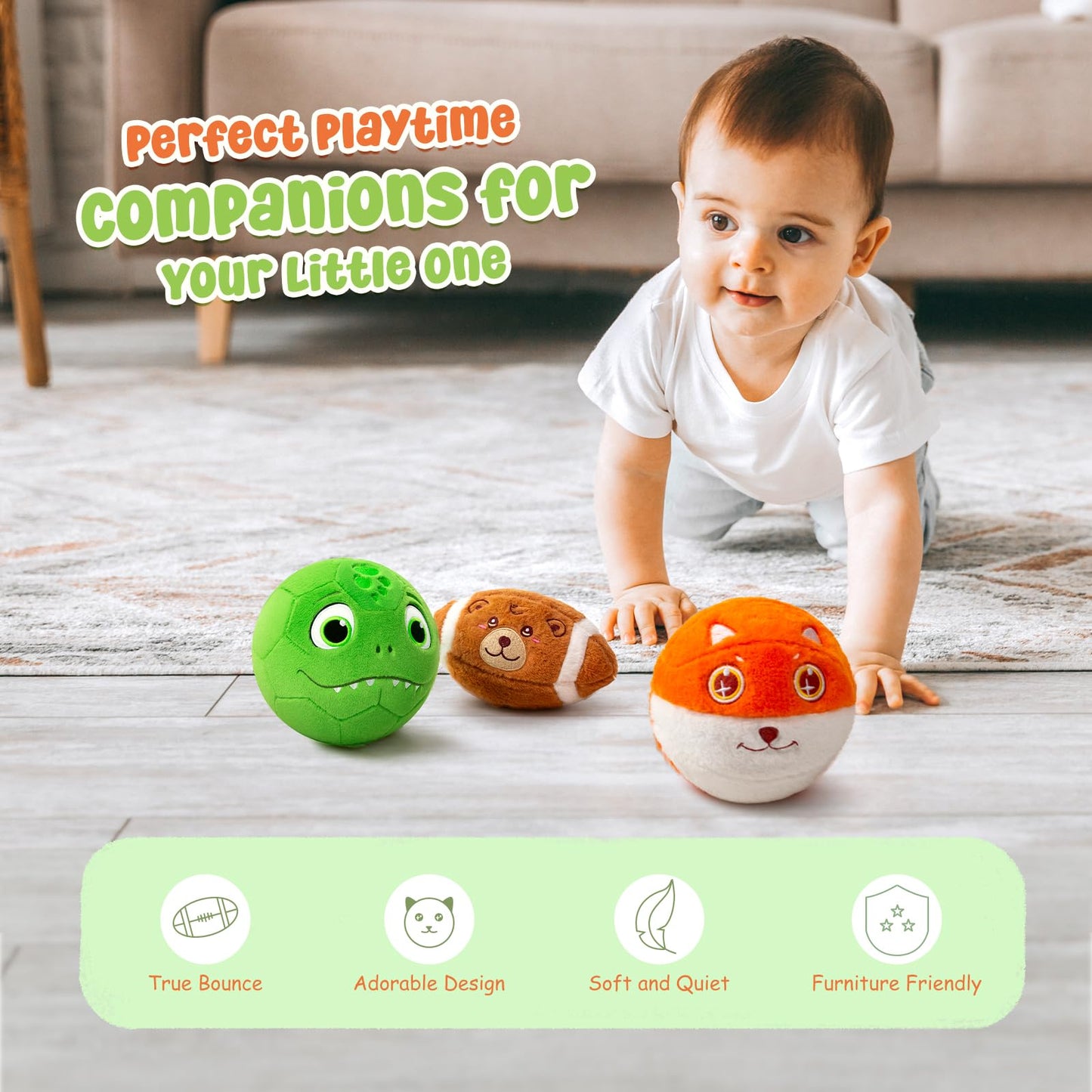 VangeBow 3 Pack Soft Sports Balls for Toddlers 1-3, Inflatable Plush Baby Balls Set for Kids 3-5, 5 Inch Soccer Ball & Basketball, 6.5 Inch Football, Mini Toddler Ball Toys for Boy Girl First Gifts