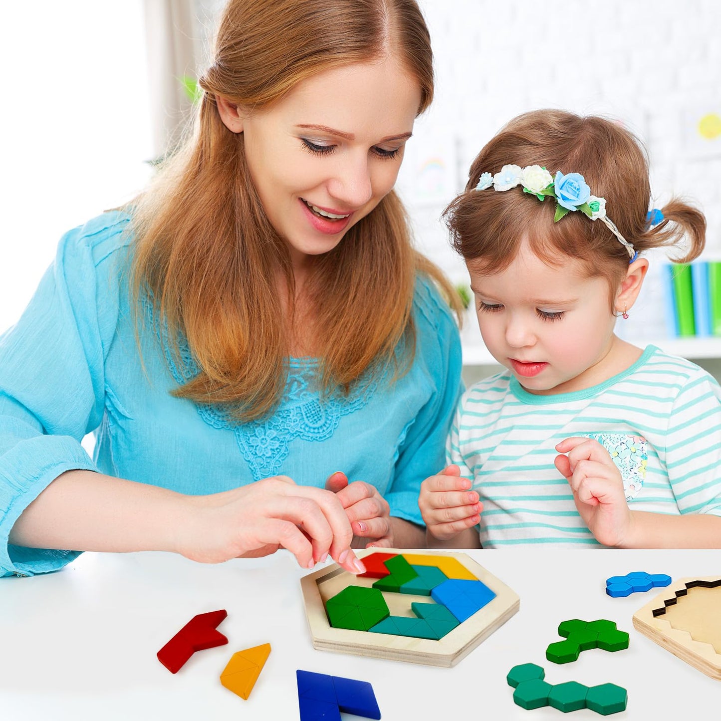 YUQILIN 6 PCS Wooden Tangrams Puzzles for Kids, Wooden Hexagon Toddlers Puzzles Block Geometric Brain Teaser Wood Puzzle Tangram Logic IQ Toy Gifts for All Ages Boys Girls Adults Intelligence