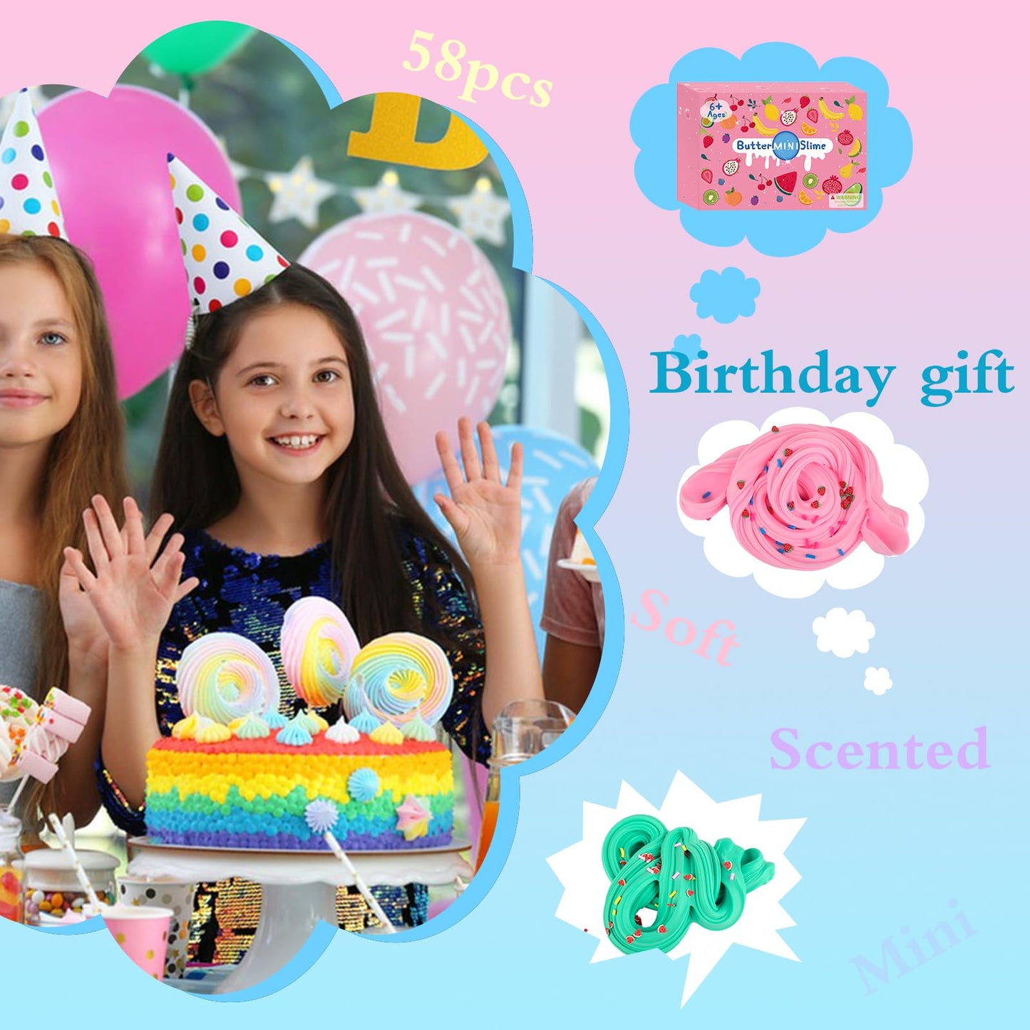 58-Pack Butter Slime Kit – Mini Slime Party Favors for Girls & Boys, Scented Bulk Slime Supplies for Kids, Soft & Non-Sticky Stress Relief Toy, Birthday Goodie Bag Stuffers