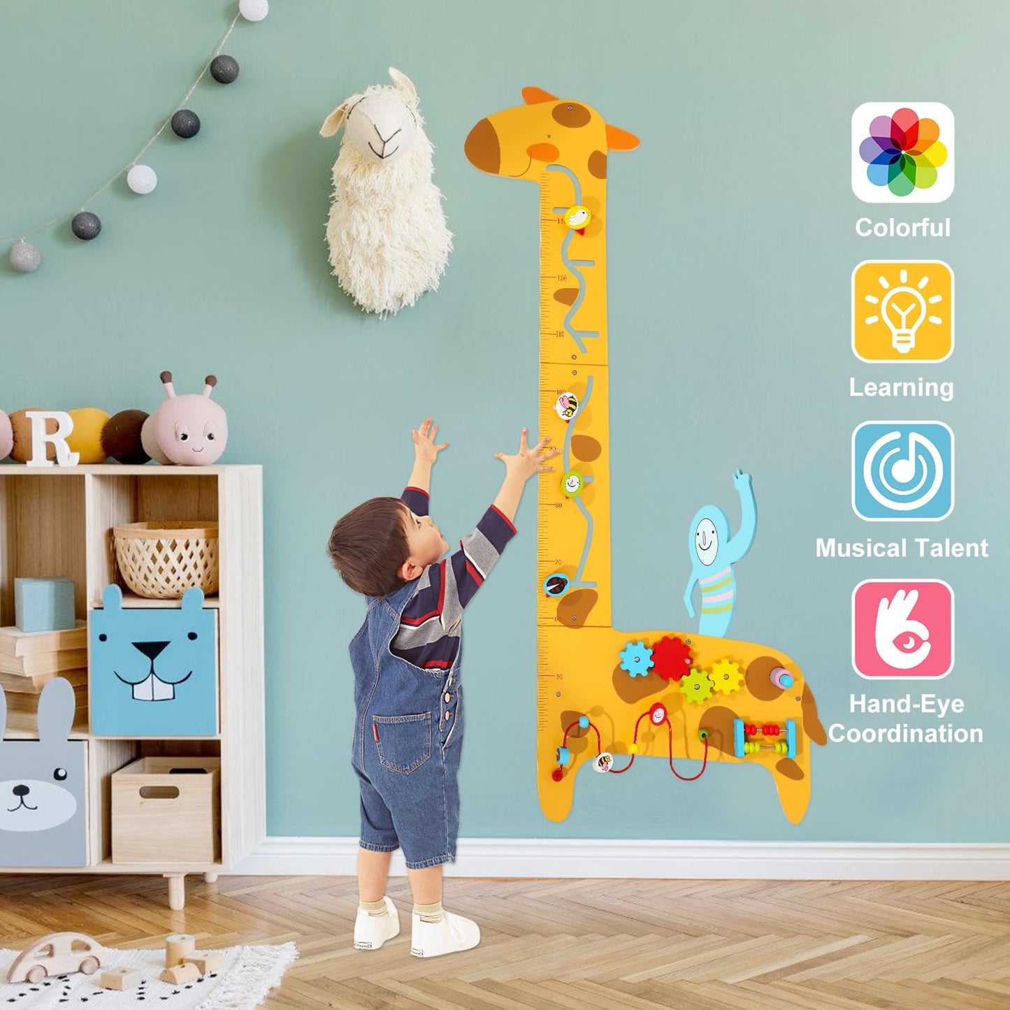 Dollox Giraffe Activity Wooden Wall Panels, 7-in-1 Toddler Multifunctional Busy Board Sensory, Interactive Educational Toy Montessori Wall Decor Preschool Toy for Daycare Activity Center Livingroom