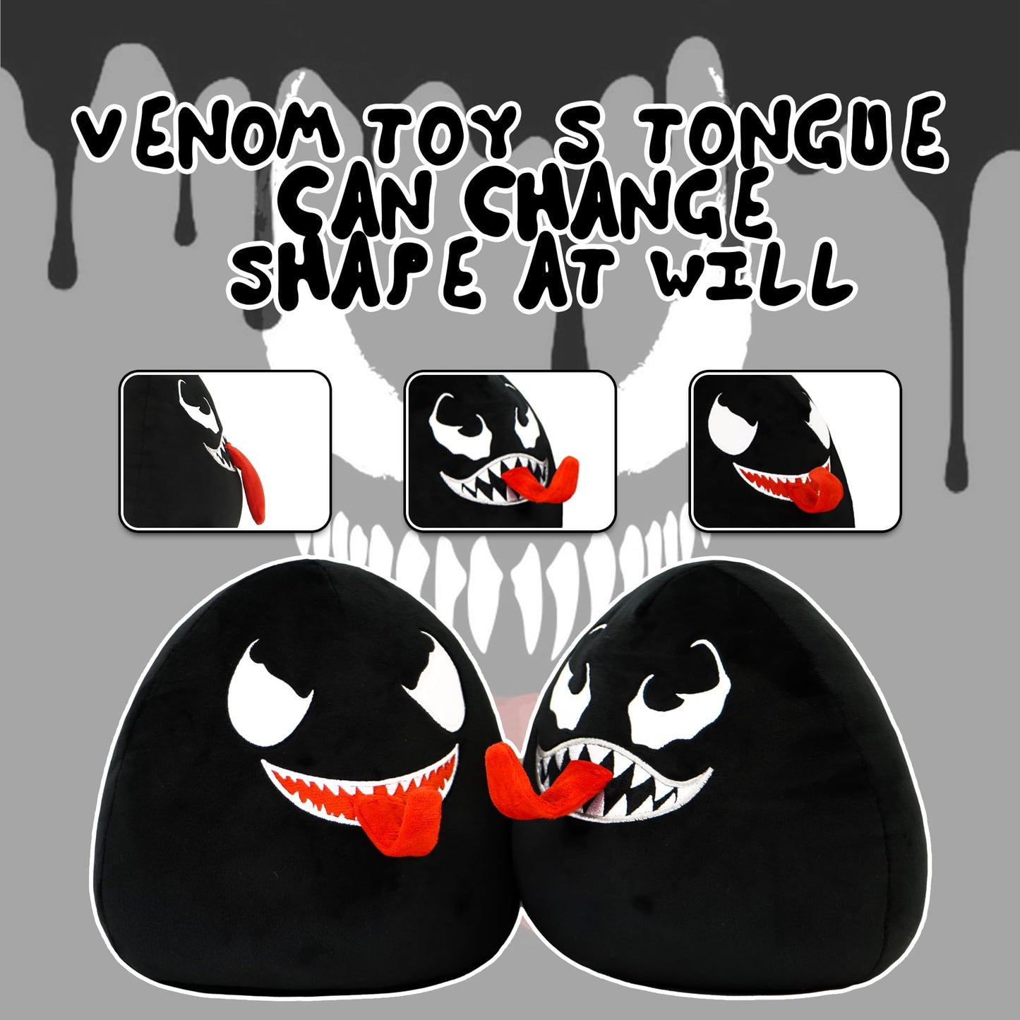 Periyholev Venom Plush Toy with Elastic Tongue – 8 inch Soft Venom Stuffed Pillow for Boys and Girls, for Fans (Black-A)