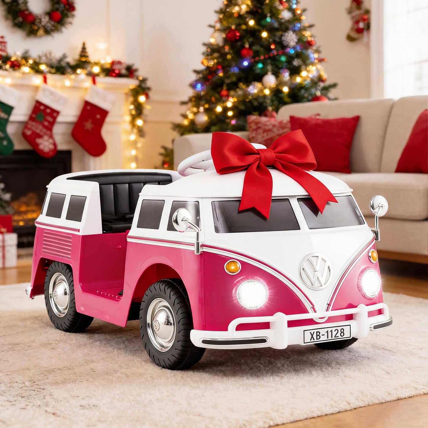 Costzon Ride On Car, 12V Licensed Volkswagen Kids Car Bus with Cup Holder, LED Headlights, Music & Horn, Electric Vehicle with Pedal Control, Soft Start & 2-Level Speed for Boys & Girls Aged 3+ (Pink)