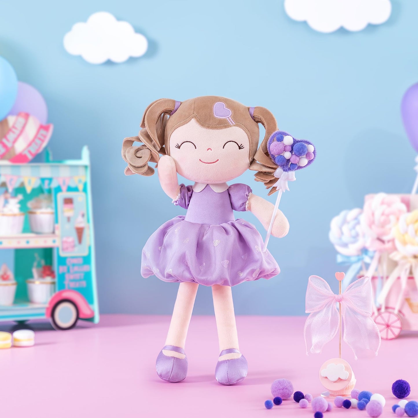 Gloveleya Baby Doll Gifts Plush Curly Girl Toys with Love Purple Light Skin