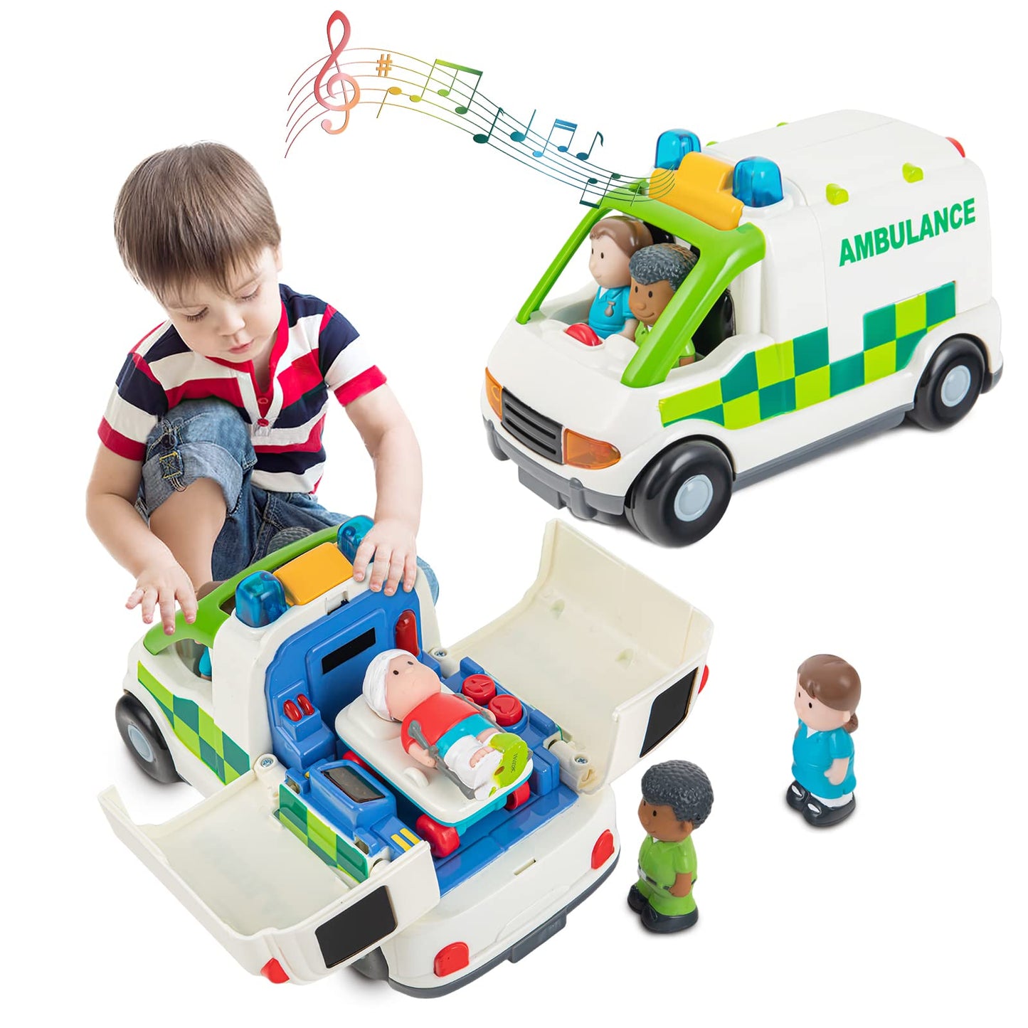 Auspint Ambulance Toy Powered Vehicle with Lights and Sounds, Rescue Role Play Set, Ambulance Set, Play and Learn Toddler Toys for 1 2 3 Year Old Boys Children Toy Truck Party Birthday Gift