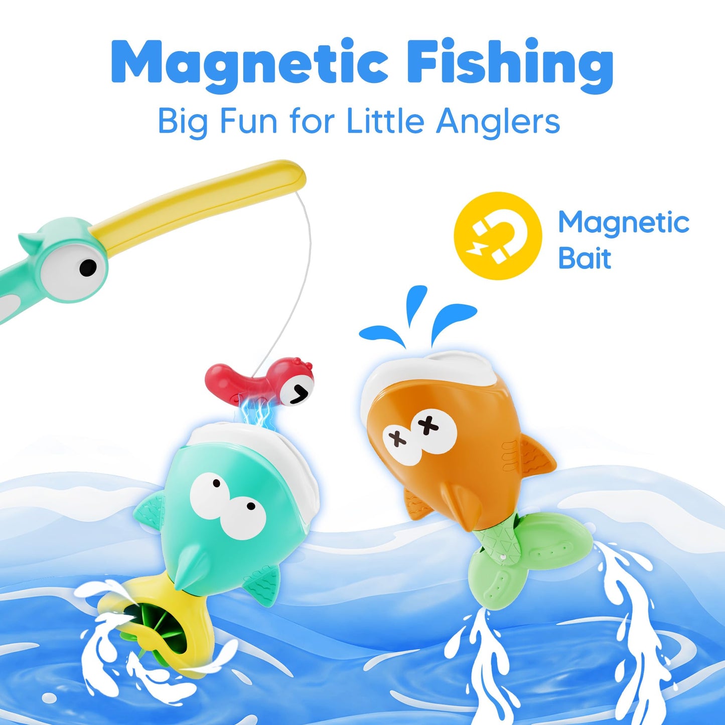 iPlay, iLearn Baby Fishing Bath Toy, Toddler Bathtub Magnetic Fishing Game W/Pole Net Fish Water Squirt Animal, Kid Shower Bathtime for Pool Play, Birthday Gift 6 12 18 Month 1 2 3 Year Old Boys Girls