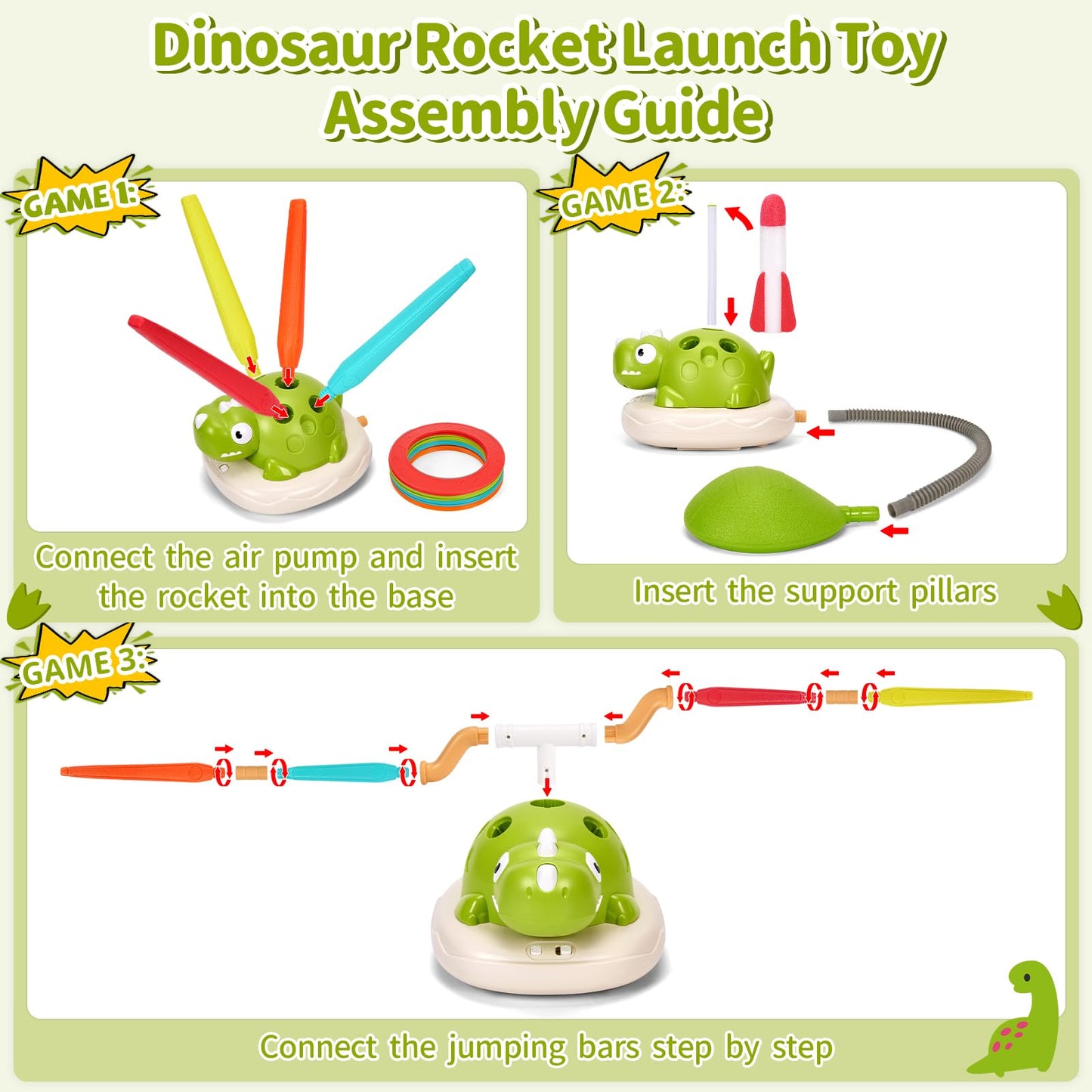 Purryegift 3 in 1 Dinosaur Rocket Launcher, Musical Spinning Jump Dinosaur Toy, Ring Toss Game & Stomp Rockets with Remote Control, Kids Indoor & Outdoor Energy Burning Toys for Boys Girls (1 Set)