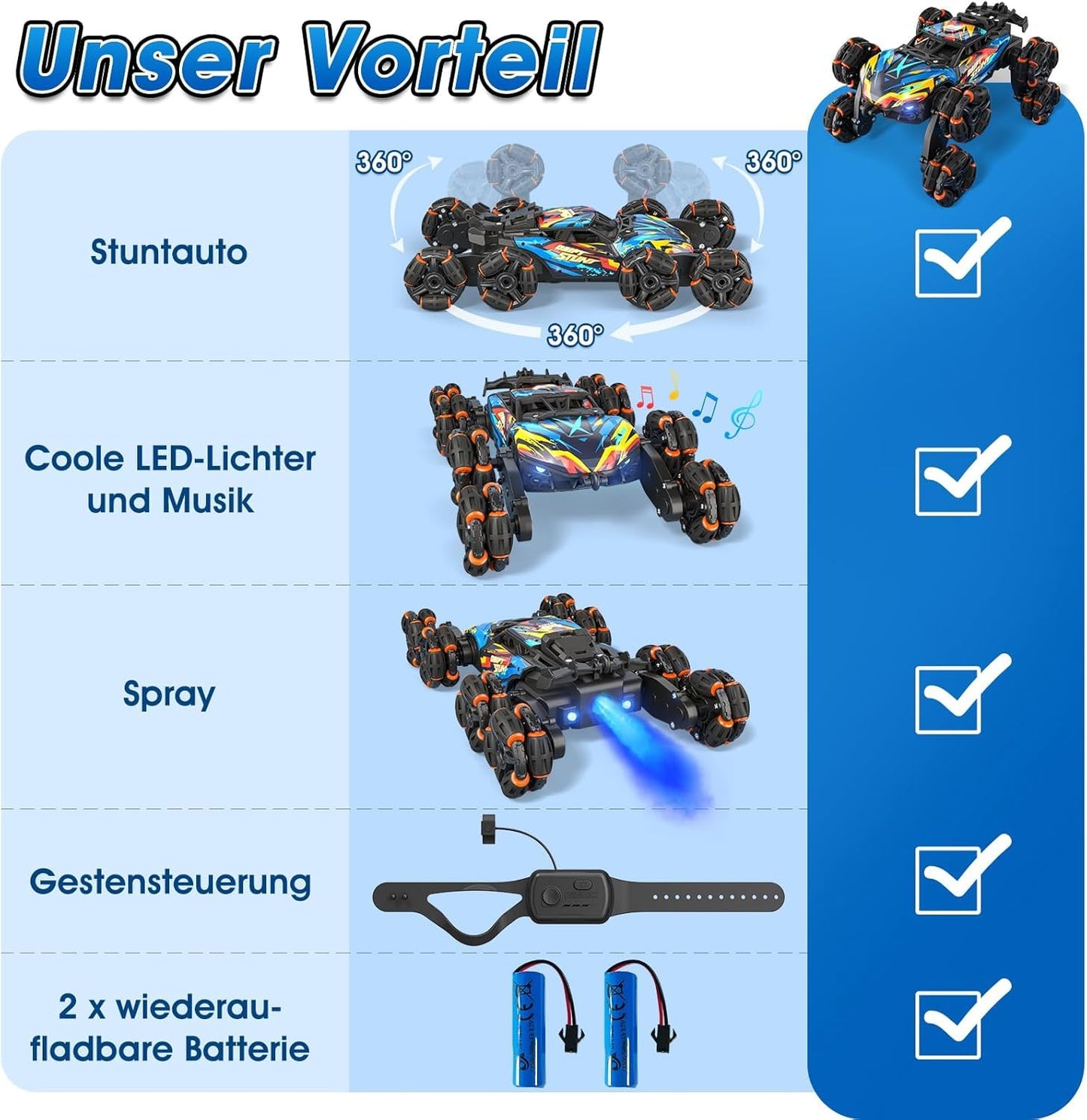 ADUSRIZ 8WD Gesture Sensing Road Stunt Car, Remote Control Cars with LED Light, Music and Spray, Drift RC Car Toys Gifts for 6-12 Years Old Boys Girls