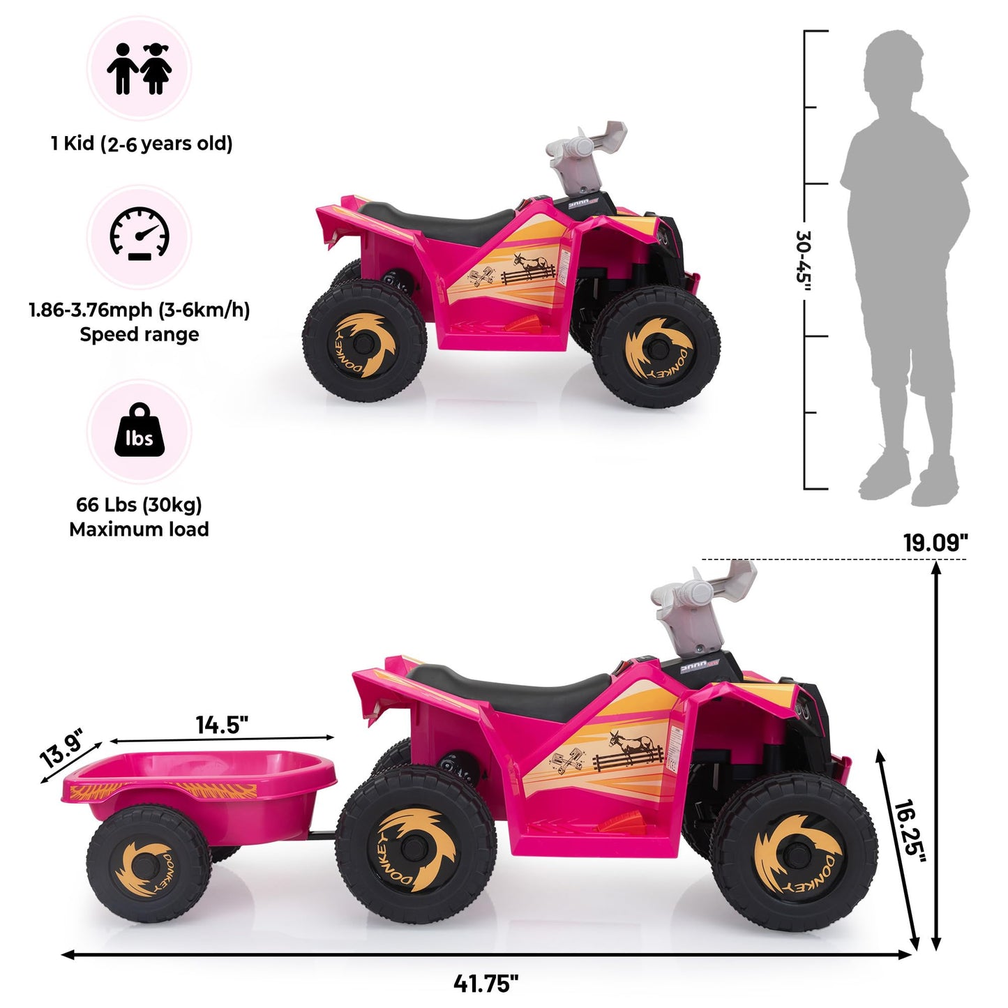 TOBBI 6V Electric Kids Ride On Toy Car with Trailer, Toddler 4 Wheeler Powered Vehicle to Drive with Music/Battery Volume Display for Children Age 3-6 -Rose Red