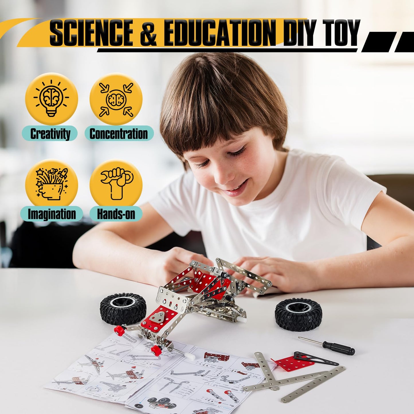 Volico 6-in-1 STEM Kit - Engineering Metal Truck, Airplane and Sports Car Excavator Toy for Boys 8-12 - STEM Building Toys for Kids 5-7, 6-8, 8-10 Educational Toys for Kids Boys Model Kit