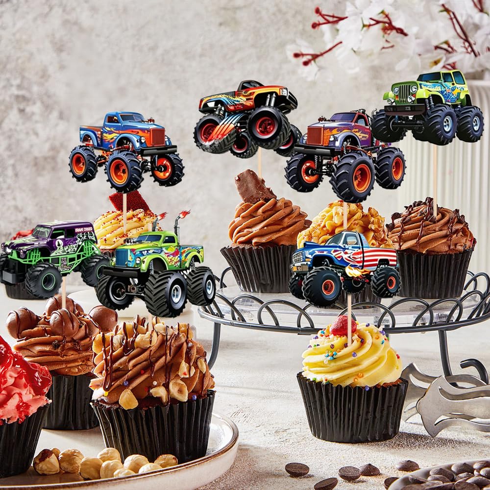 24 PCS Monster Truck Cupcake Toppers Truck Car Theme Birthday Party Decorations Racing Car Theme Birthday Decoration for Boys Girls Baby Shower Kids Cake Decorations Party Supplies