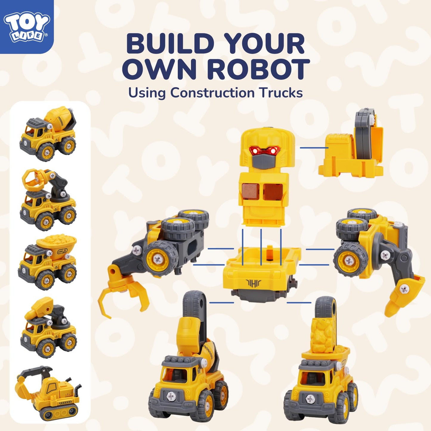 TOY Life Toys for 3 4 5 6 7 Year Old Boys Construction Vehicles Transform Robots Toys for Kids 5 in 1 Robot Toys for Kids 5-7 Construction Toys for Boy Vehicle Transformer Cars Best Gifts for Boys