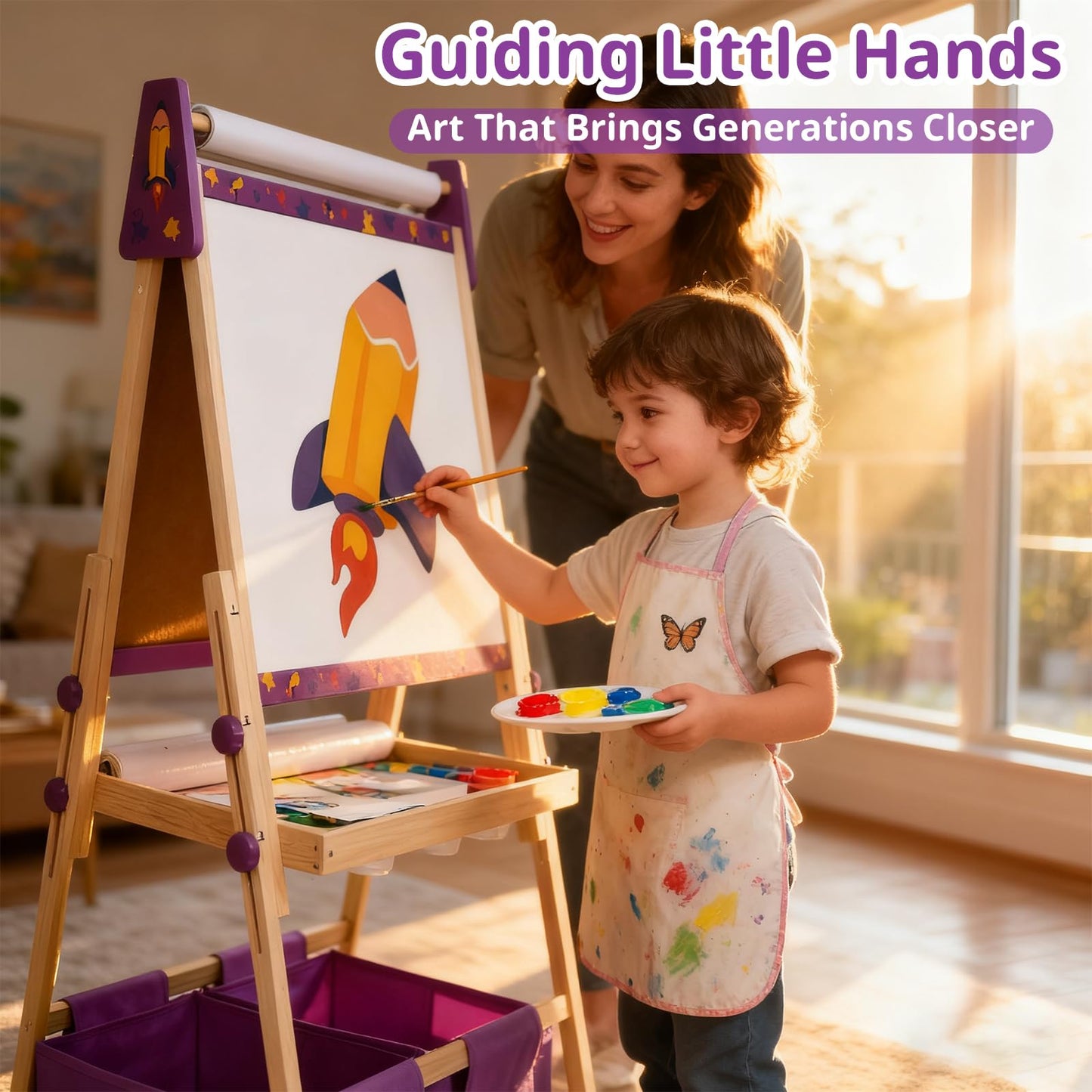 Purple Art Easel for Kids, Kids Art Easel with 3 Paper Roll, Magnetic Whiteboard and Chalkboard,Adjustable Standing Wooden Toddler Easel for Painting Double Sided,3in1 Painting Easel for 2-4 4-8 Gift