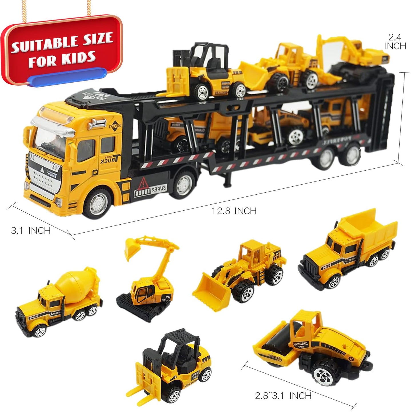OTONOPI Car Transport Truck Toy Construction Diecast Cars Play Vehicle Set Carrier Trailer Truck with Mini Crane Excavator Digger Dumper Tractor for Kids Pack of 7