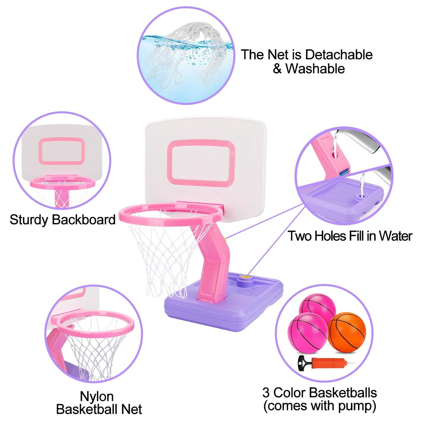 Qirptey Toddler Girl Basketball Hoop Indoor Pink Adjustable Mini Basketball Goal with Ball Pump for Outdoor Poolside Toys Backyard Game Outside Basketball Toy for Kids Age 3-5 6 7 4-8 Birthday Gift