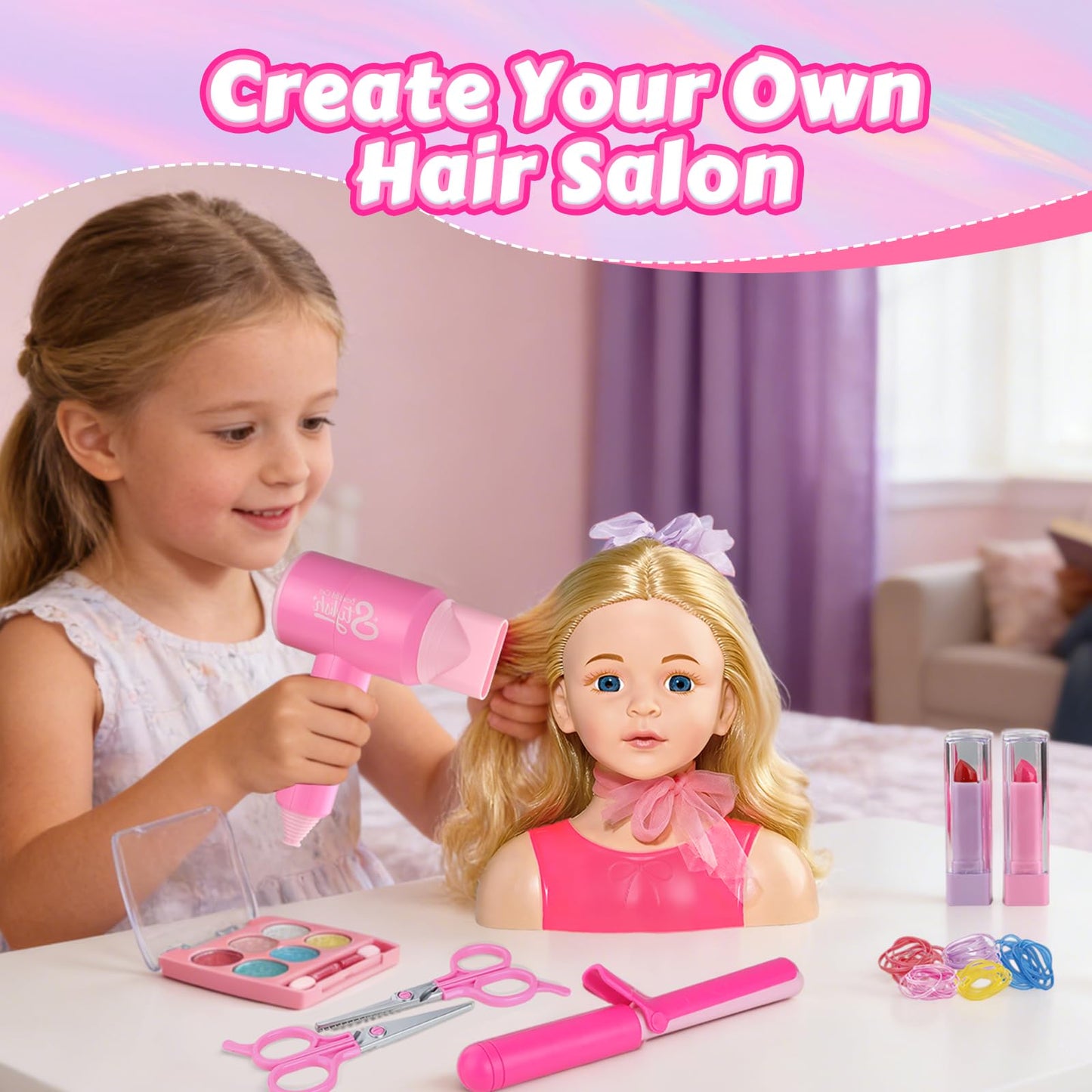 JovialStep Doll Head Hair Styling Kit for Girls Toys, Makeup Doll Head for Girl, Pretend Play Hair Salon Toy Birthday Gift for 3-8 Year Old Girls