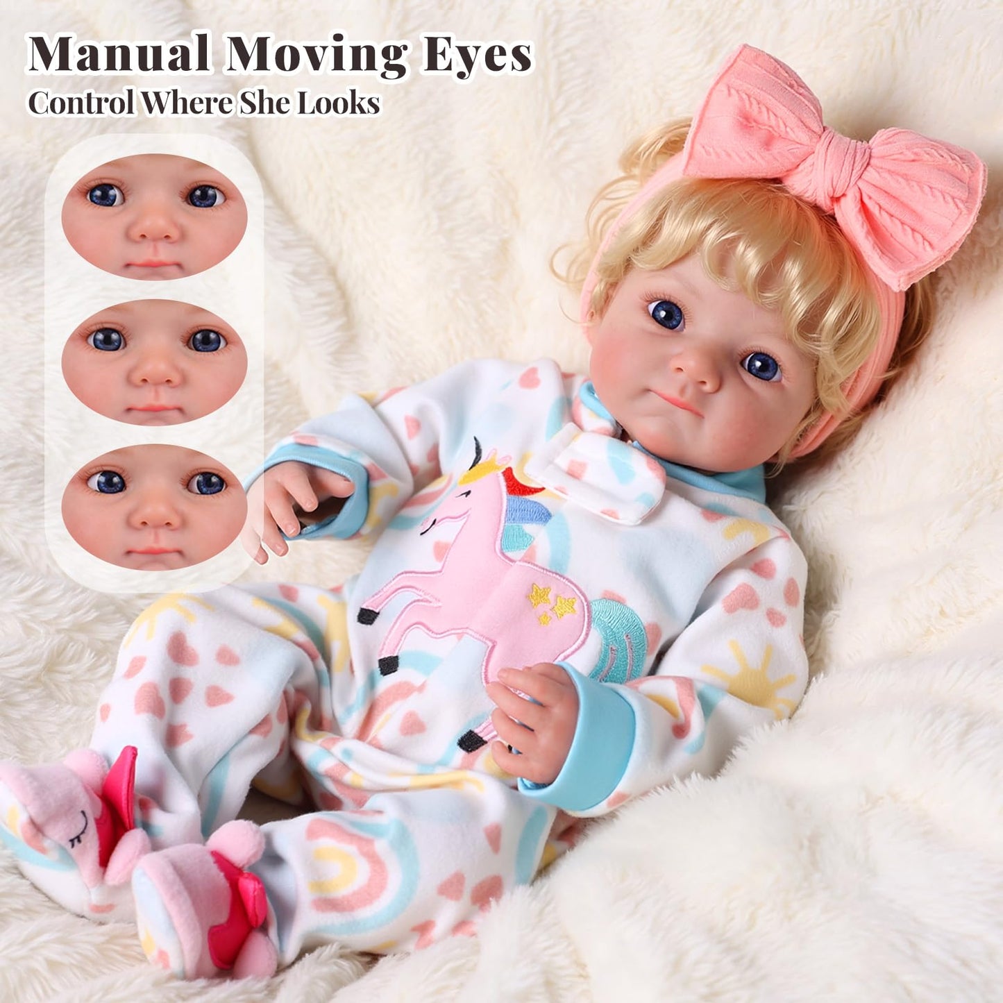 BABESIDE Reborn Baby Dolls with Moving Eyes,17 Inch Realistic Baby Doll Girl with Blond Curly Hair, Real Life Baby Doll with Accessories, Gift for Kids 3+ Pretend Play, Collection