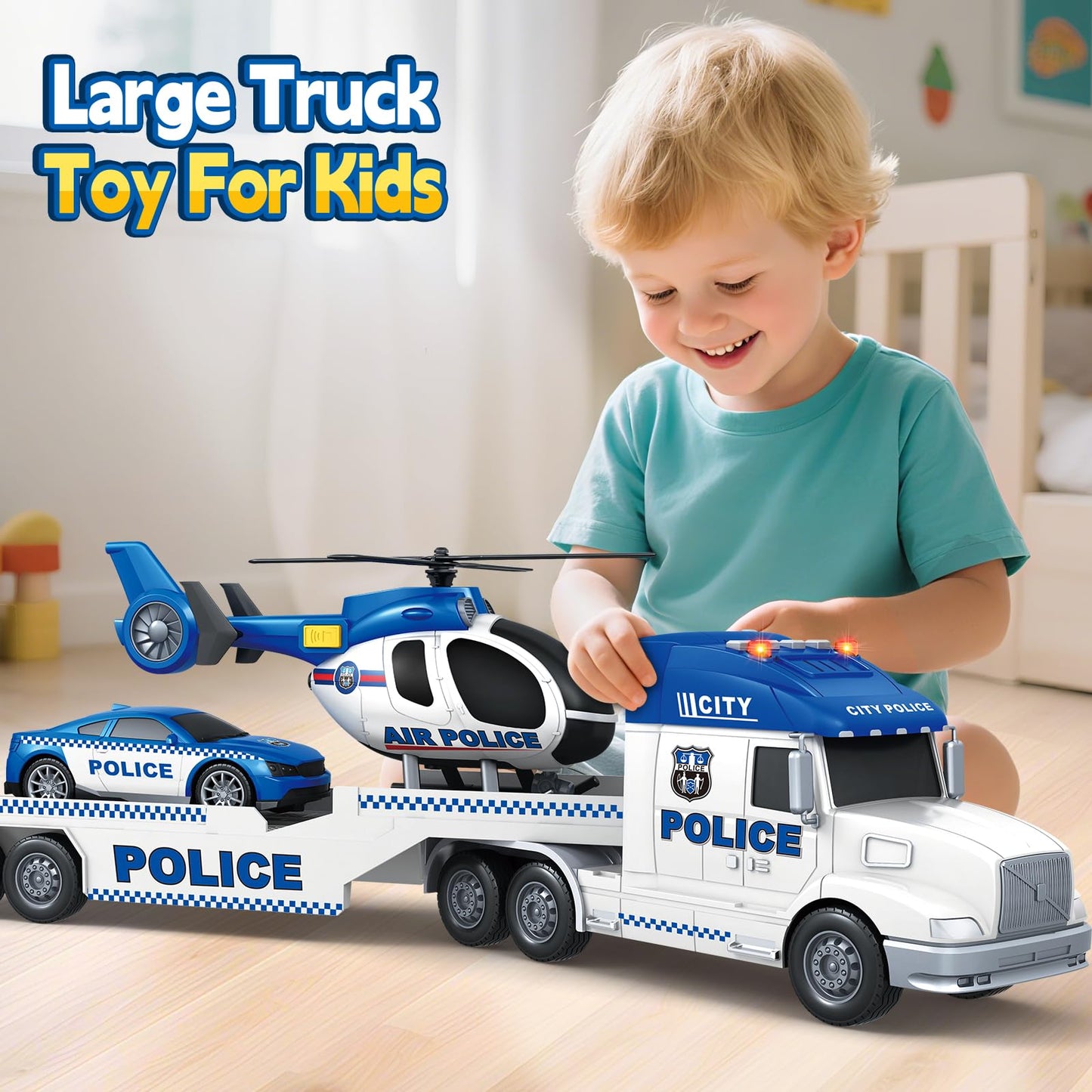 SpringFlower 3 4 5 Boy Toddlers Toys, Extra Large Police Truck Toys with Racing Car and Helicopter, 3 in 1 Police Car Toy Birthday Gifts for 3 4 5 6 Year Old Boys Toddlers Girls