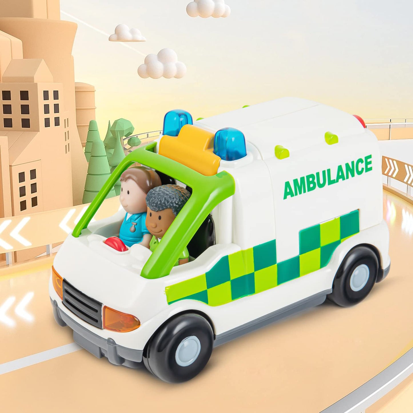 Auspint Ambulance Toy Powered Vehicle with Lights and Sounds, Rescue Role Play Set, Ambulance Set, Play and Learn Toddler Toys for 1 2 3 Year Old Boys Children Toy Truck Party Birthday Gift