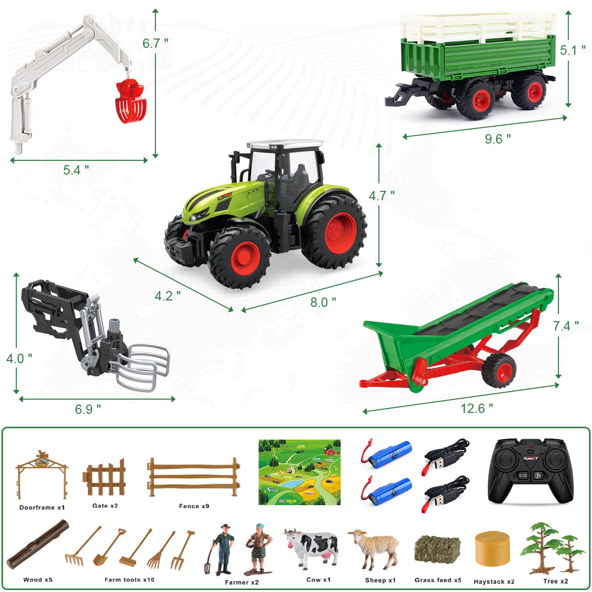 fisca Kids Remote Control Tractor Farm Playset, 2.4Ghz RC Tractor with Trailer and Conveyor, 45PCS Farm Toys Set with Farm Animals Figurines Fences Farmers for Kids Age 3 4 5 6 Years Old