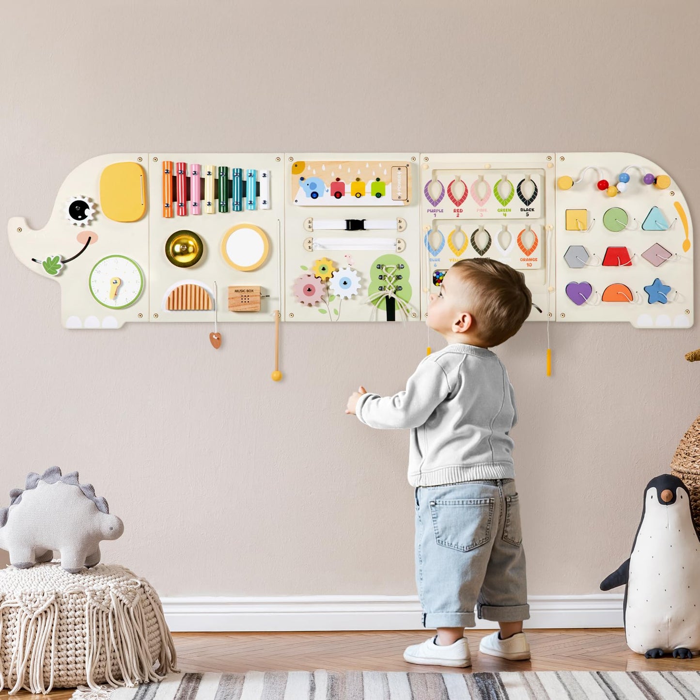 Elephant Activity Wall Busy Board Panels,Wooden Montessori Learning Activity Center Sensory Toys Wooden Sensory Wall Panel for Kids Ideal Furniture for Playroom Daycare Dentist Waiting Room Nursery