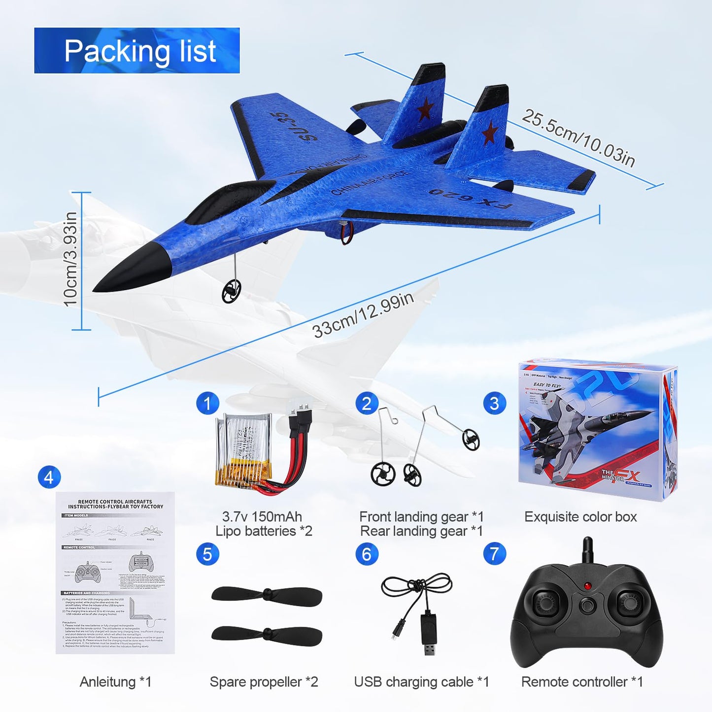 Beffkkip RC Plane 2CH Remote Control Plane SU35 RC Jet 2.4GHz RC Airplane RTF Easy to Fly FX620 Airplane Toys for Beginner, Kids and Adults,with Night Lights USB Charging（Blue）