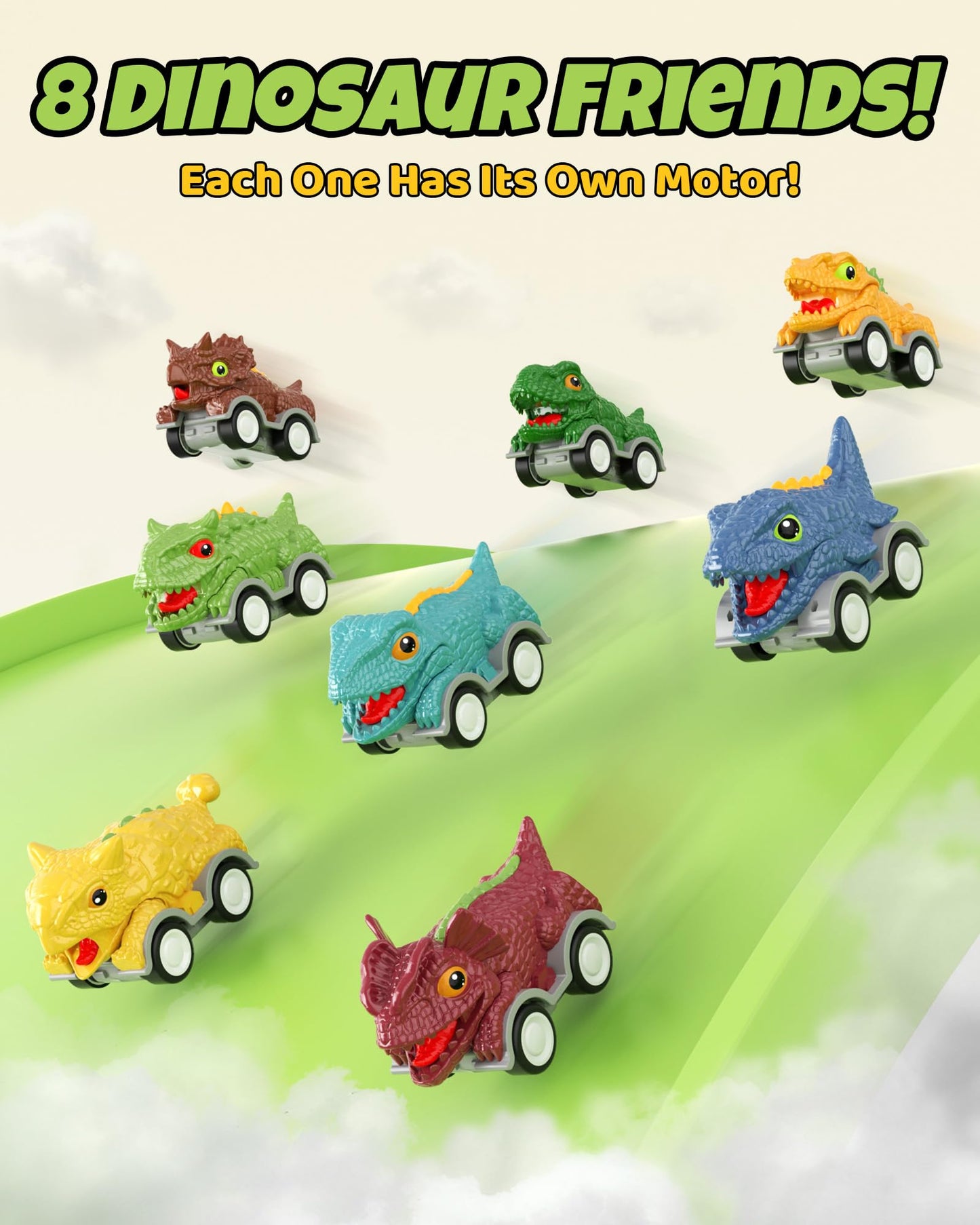 LADFAR Dinosaur Toys for Kids 3-5, Toddler Boy Toys, Dinosaur Carrier Truck with 8 Pull Back Cars, Transport Carrier Truck for Toddlers, Birthday Gifts with Music & Lights for 2 3 4 5+ Year Old Boys
