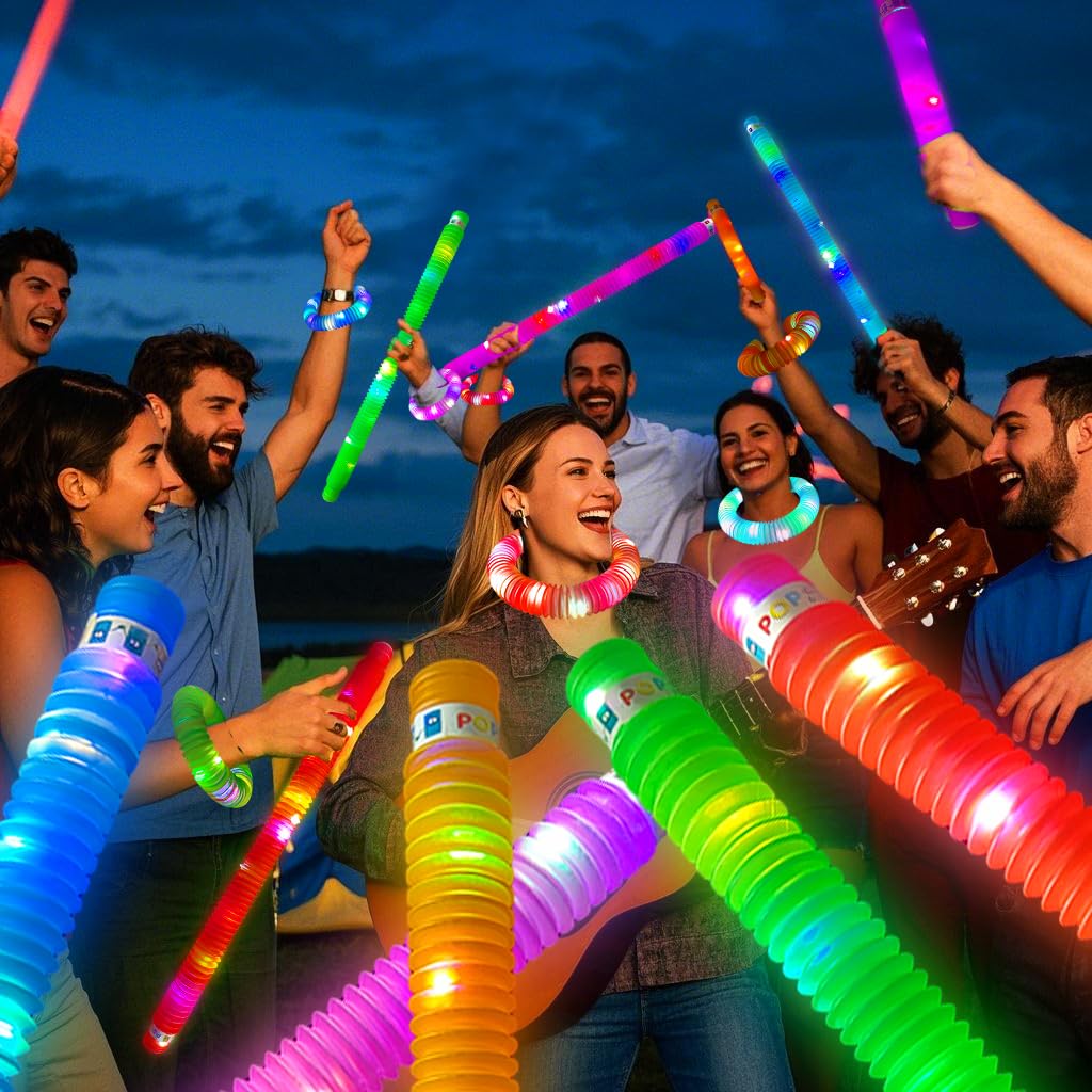 OceanWings 24PC Lights up Pop Tube Set for Kids Adults,Glow Sticks Stretchy Tube Fidget Toys for Classroom Prizes Birthday Concert Hawaii Party Glow in the Dark Party Supplies Favor for Boy Girl 8-12