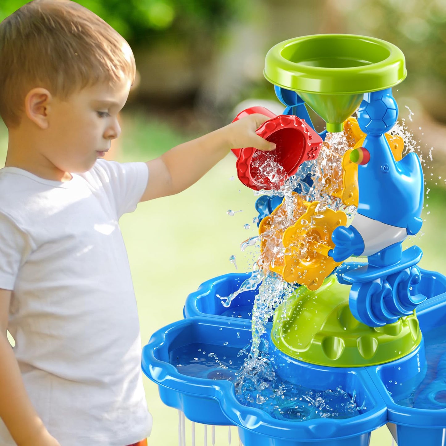 JUKUDAHU 2-Tier Sand and Water Table Toys for Kids Aged 3 4 5 6 7 8, Outdoor Activity Playset Sensory Play Table with Beach Toys Accessories Water Waterfall, Birthday Gifts for Toddlers 3-4 3-5 4-6