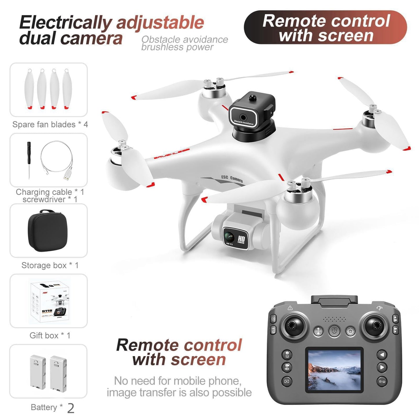 Hobby Drone with Screen Display Remote Control, 1080P Dual Camera, Speed Adjustment, Altitude Hold, One-Key Takeoff, 3D Flips, 2 Batteries, Hovering, Brushless Motor, APP Control, Plane Copter, LED Lights, Adult Beginners FPV Quadcopter Airplane Helicopte