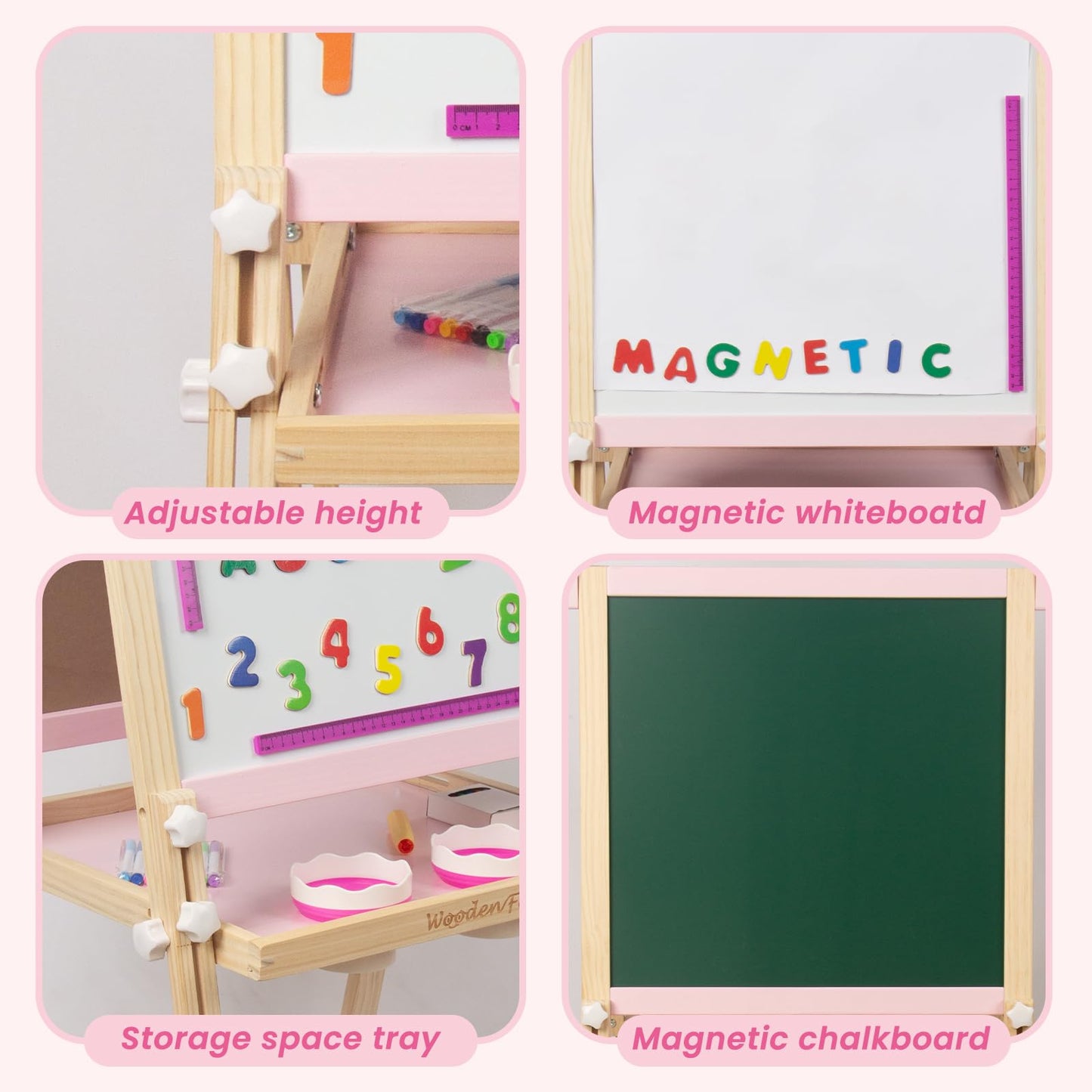 Kids Wooden Easel with Paper Roll, Adjustable Magnetic Double Sided Drawing Board Whiteboard & Chalkboard Dry Easel Board, Children Art Easel for 3-12 Years Kids Boys Girls Painting Drawing (Pink)