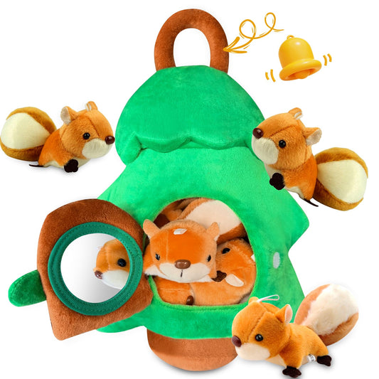Squirrel Tree Baby Sensory Toy for 6-12 Months, Montessori Plush Hide and Seek Toy for Toddlers 1-3, Infant Developmental Stuffed Animal Playset with 5 Squirrels, Newborn Gift for Boys Girls