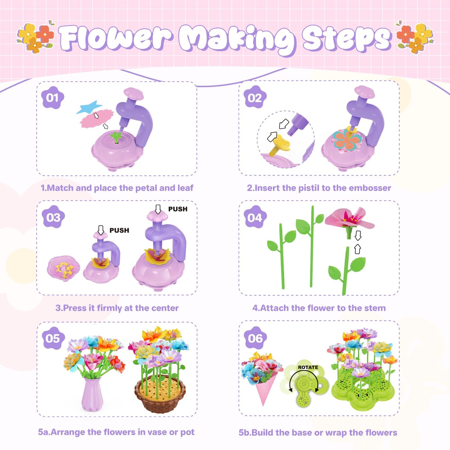 FUNZBO Girls Toys - Flower Bouquet Craft Kits, DIY Arts and Crafts for Kids 4-6-8, Flowers Making Toys for Kid Toddler, Birthday Gifts for 3 4 5 6 7 8 9 10 11 12 Year Old Girl