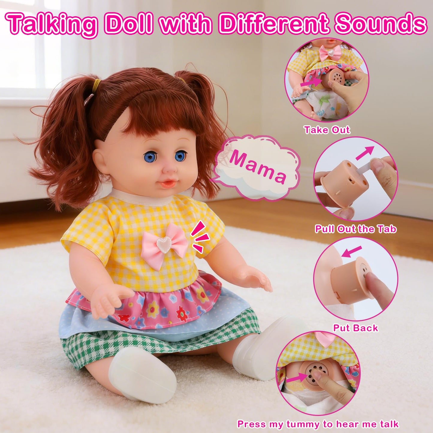Learn2M Baby Doll Stroller Toy Set with Open & Close Eyes Interactive Doll (4 Sounds), Foldable Doll Stroller with Feeding Tray & Diaper Bag, 21 Pcs Accessories Pretend Play Toy for Toddlers 3-5