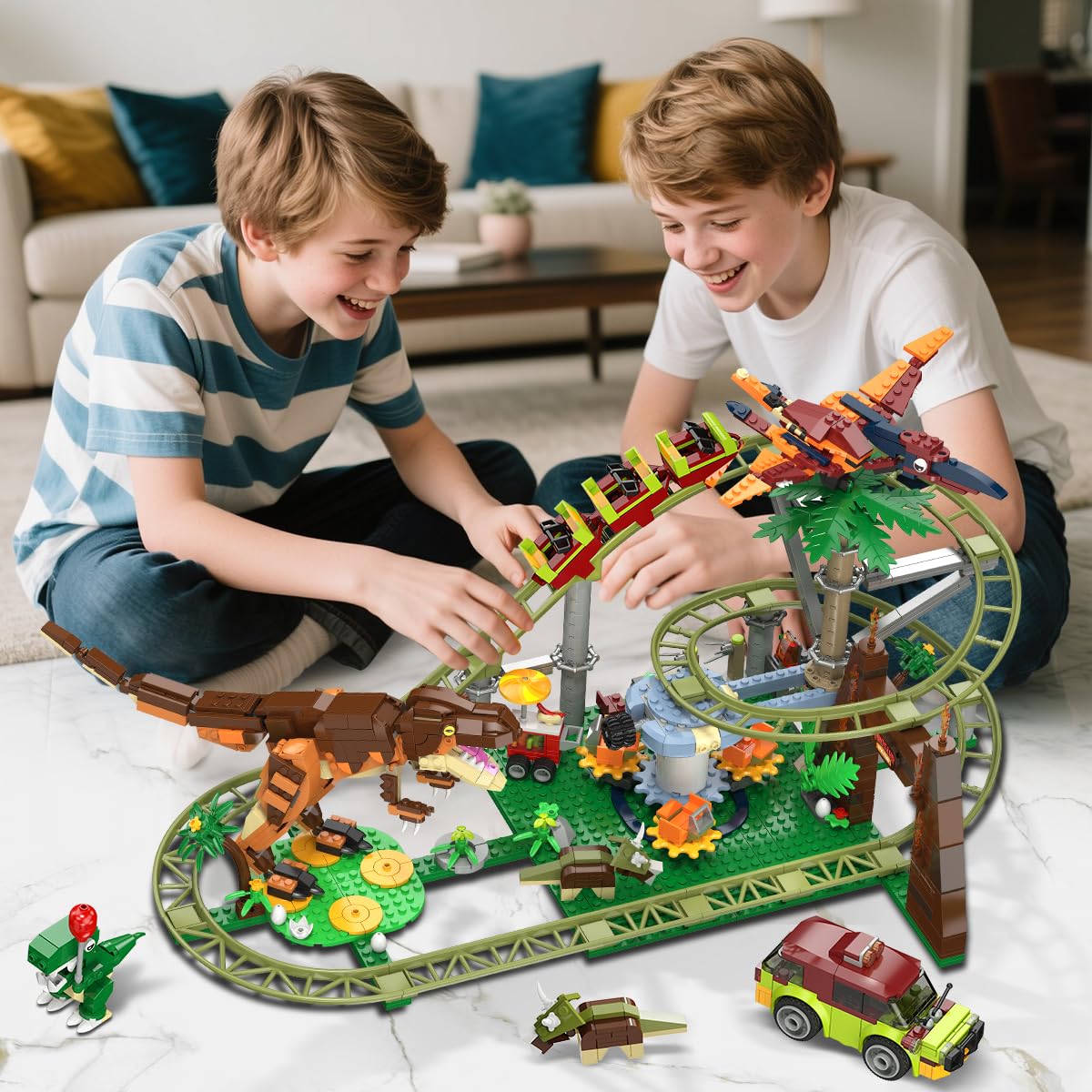 HOGOKIDS Dinosaur Roller Coaster Building Set - 1222 PCS Roller Coaster Building Toy with 4 Dinosaur, Off-Road Vehicle, Food Cart, Dinosaur Models Playset, Gifts for Adults Girls Boys Ages 8-12 Years