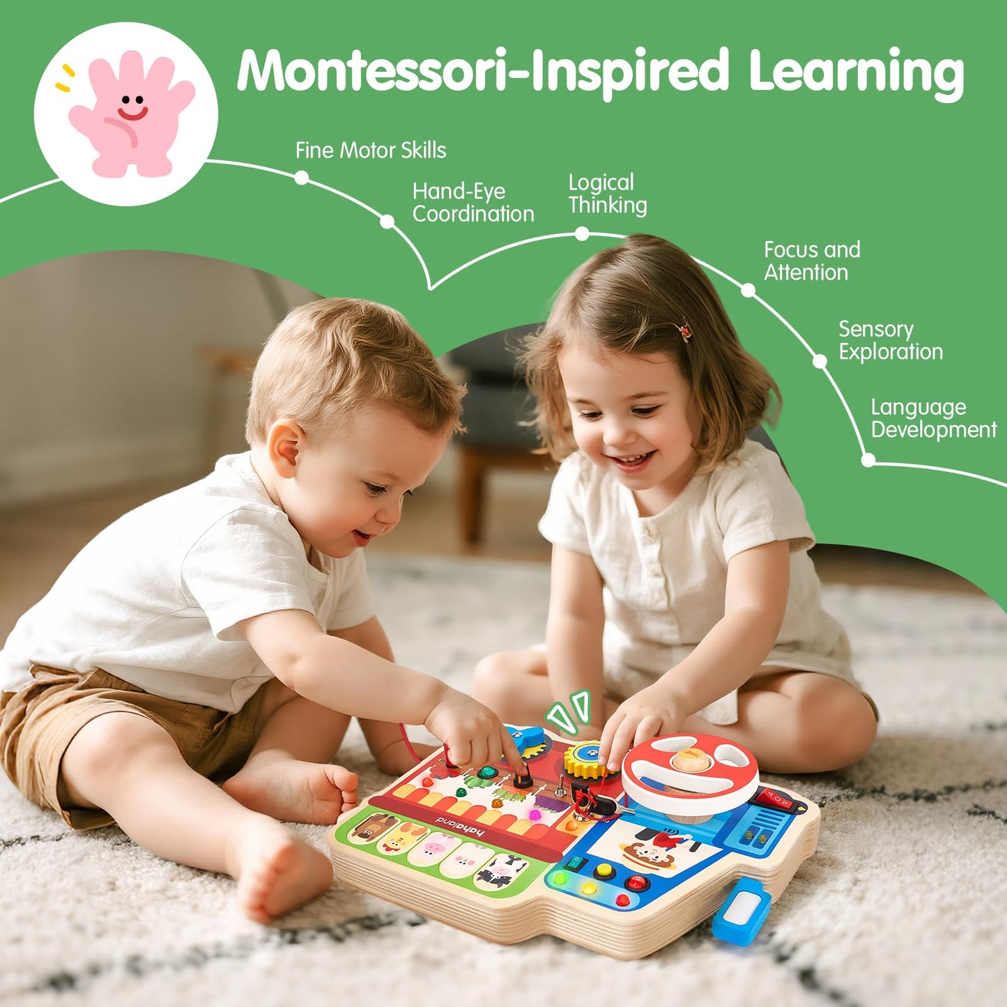 hahaland Montessori Busy Board for Toddlers 3-5, 18-in-1 Wooden Sensory Activity Board with LED Lights & Switches, Educational Montessori Toy for Fine Motor Skills, Kids Gift
