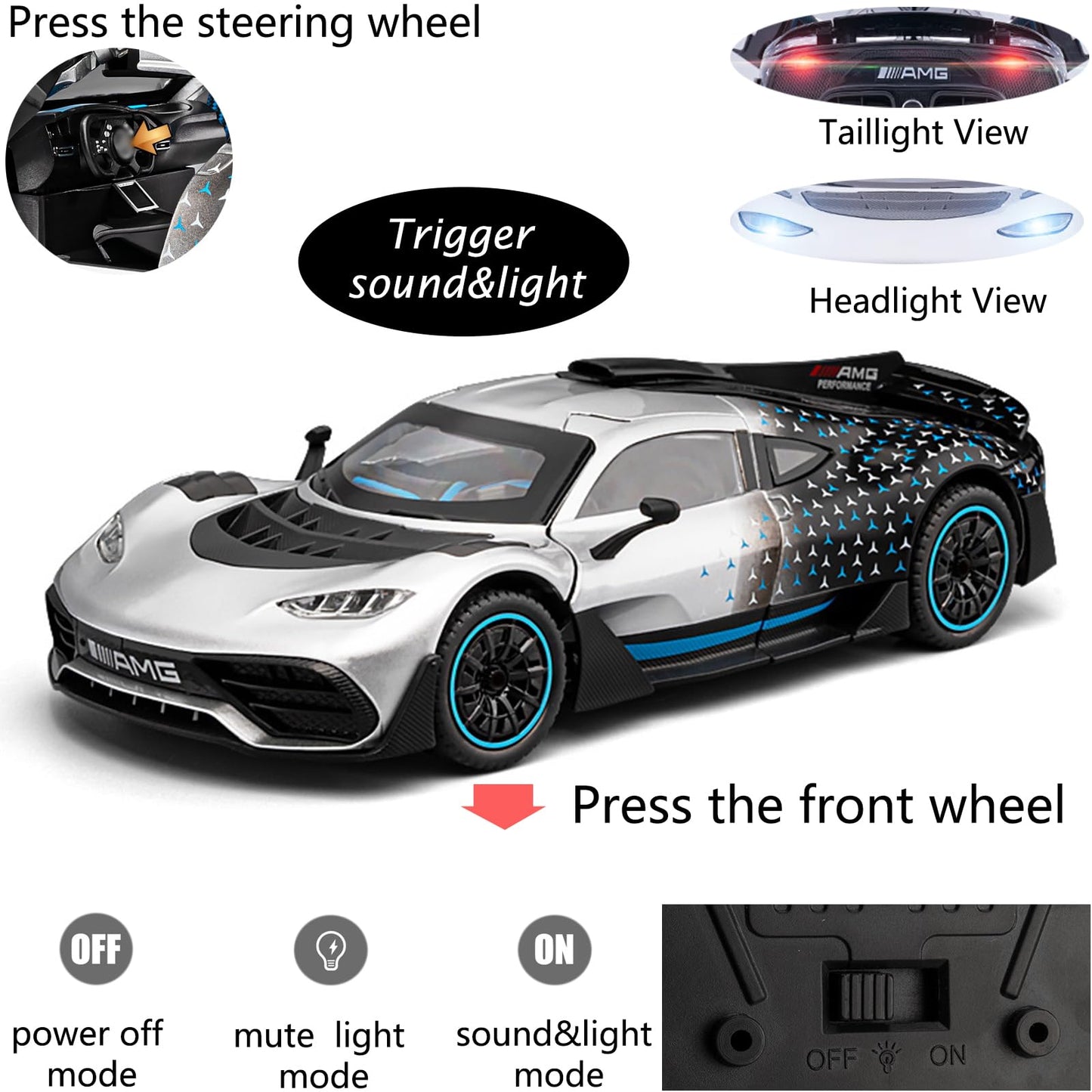 iLooboo Toy Car Model 1/24 Silver AMG ONE Alloy Collectible Vehicle Pull Back Die-Cast with Lights and Sound