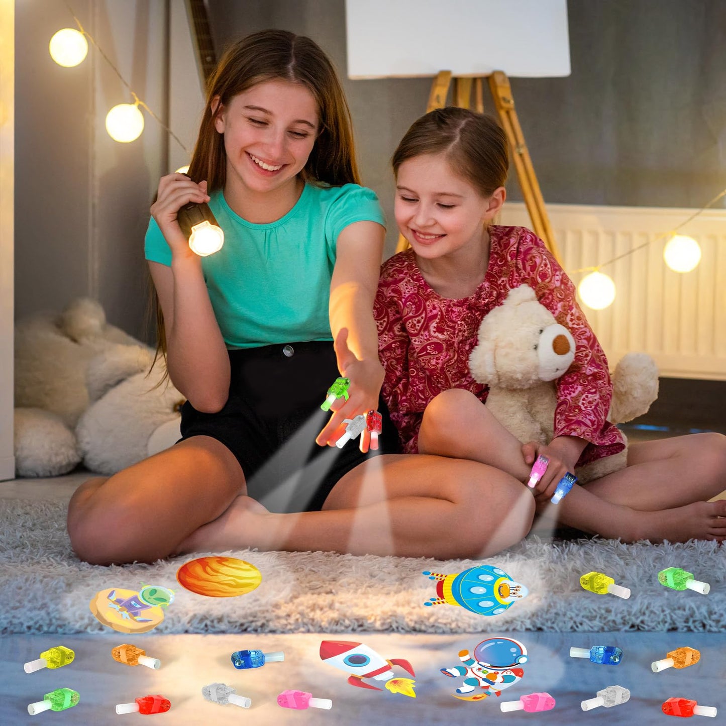 CHUNNIN 36 PCS Outer Space Party Favors Planet LED Light Up Finger Lights，Glow in the Dark Spacecraft Astronaut Party Bulk for Christmas Goodie Treat Bags Stuffers Galaxy Theme Birthday Supplies
